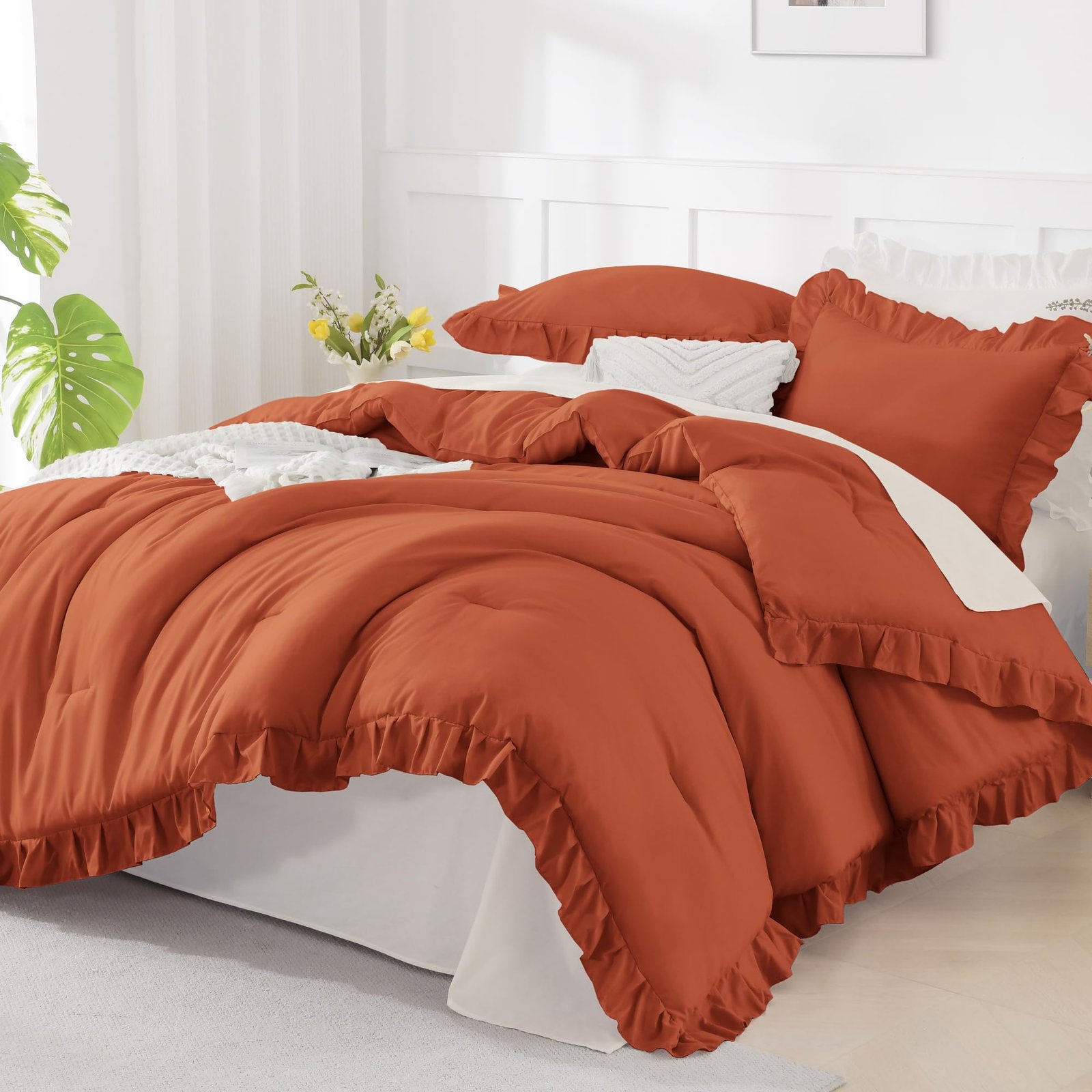 TODD GRIMES White Comforter Queen Size, 3 Pieces Ruffle Shabby Chic Farmhouse Queen Comforter Sets, All Season Lightweight Fluffy Room Decor Bed Set for Girls Women Teens Gift Choice - Image 26
