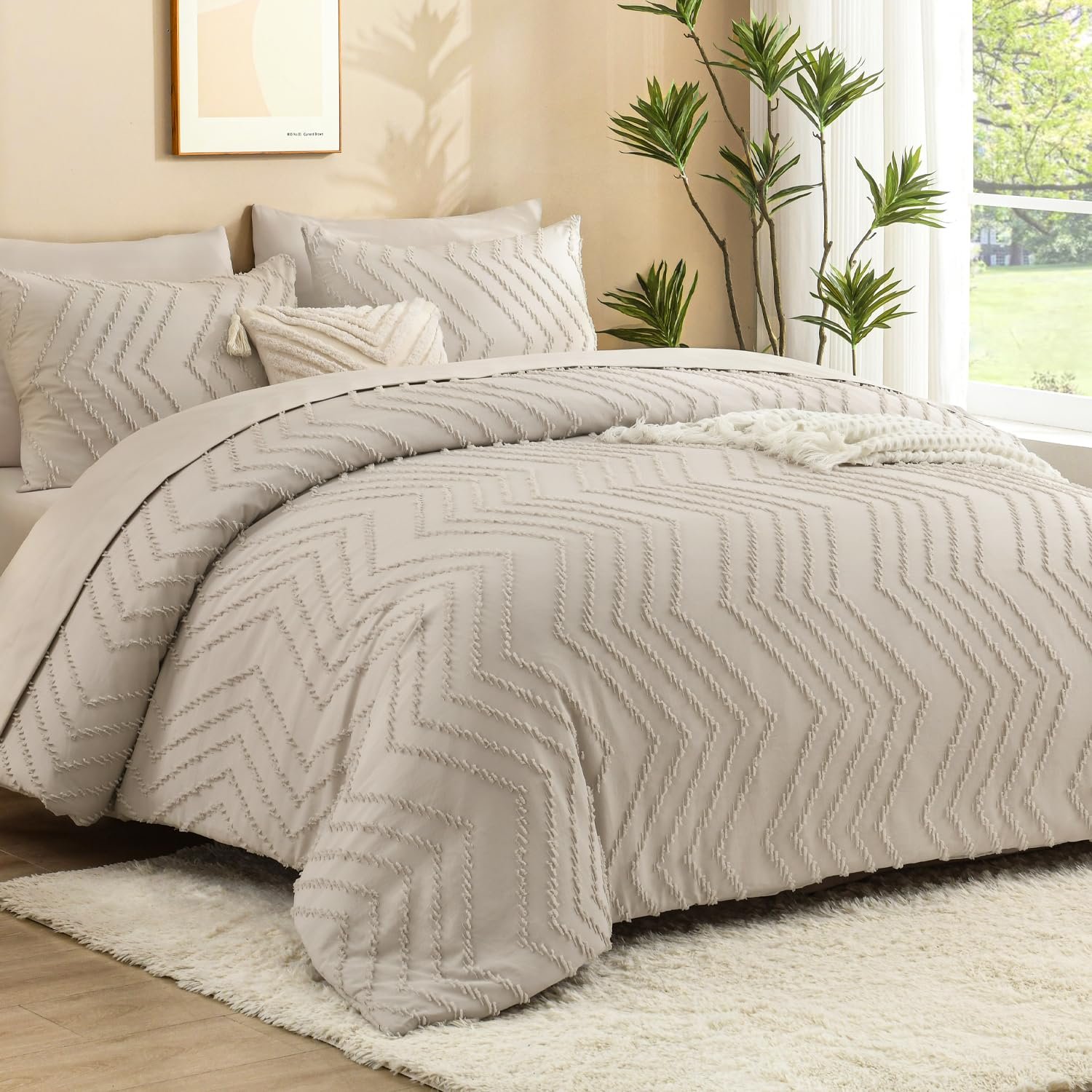 TODD GRIMES King Size Comforter Set with Sheets Beige - 7 Pieces Bed in a Bag King Chevron Tufted Boho Luxury Bedding Sets with Comforter, Sheets, Pillowcases & Shams - Image 90