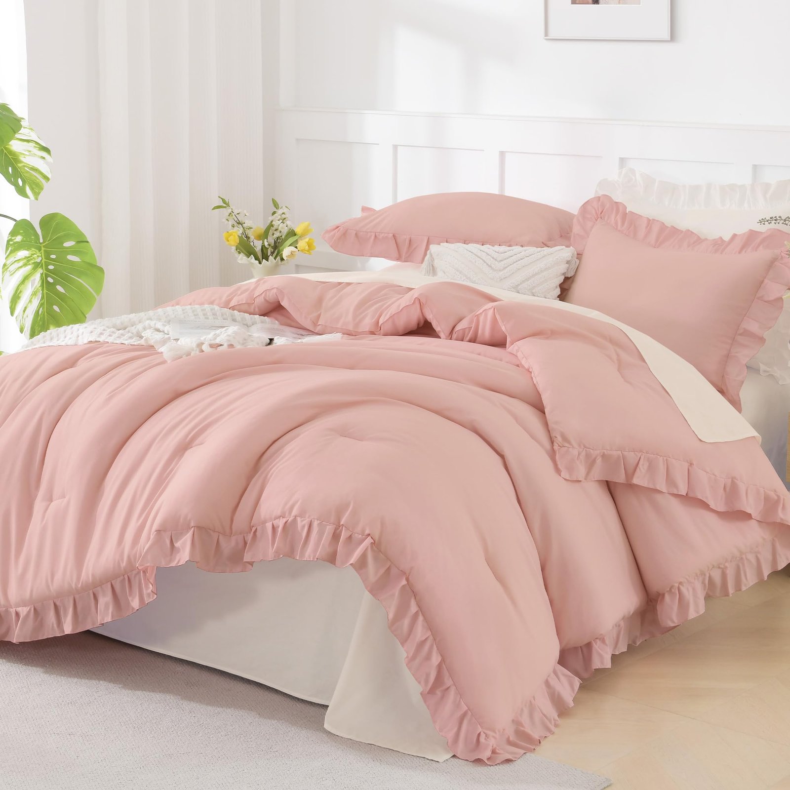 TODD GRIMES White Comforter Queen Size, 3 Pieces Ruffle Shabby Chic Farmhouse Queen Comforter Sets, All Season Lightweight Fluffy Room Decor Bed Set for Girls Women Teens Gift Choice - Image 13