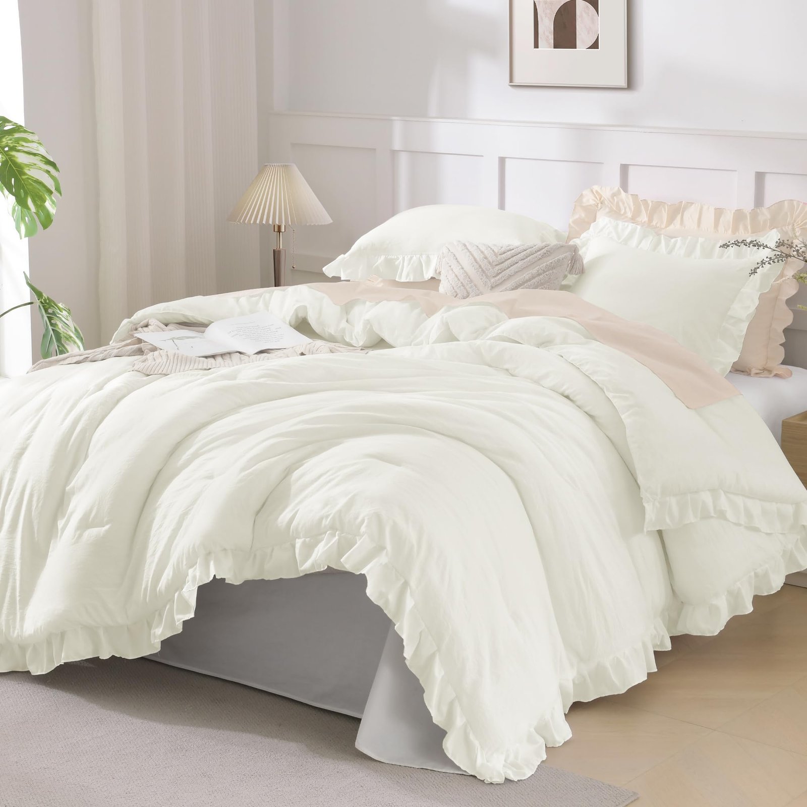 TODD GRIMES White Comforter Queen Size, 3 Pieces Ruffle Shabby Chic Farmhouse Queen Comforter Sets, All Season Lightweight Fluffy Room Decor Bed Set for Girls Women Teens Gift Choice - Image 32