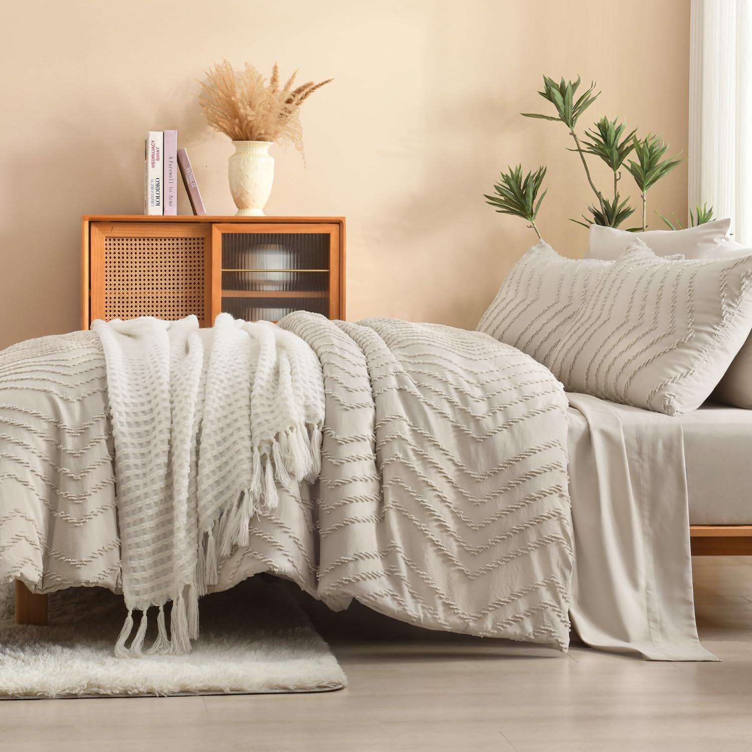 TODD GRIMES King Size Comforter Set with Sheets Beige - 7 Pieces Bed in a Bag King Chevron Tufted Boho Luxury Bedding Sets with Comforter, Sheets, Pillowcases & Shams - Image 92