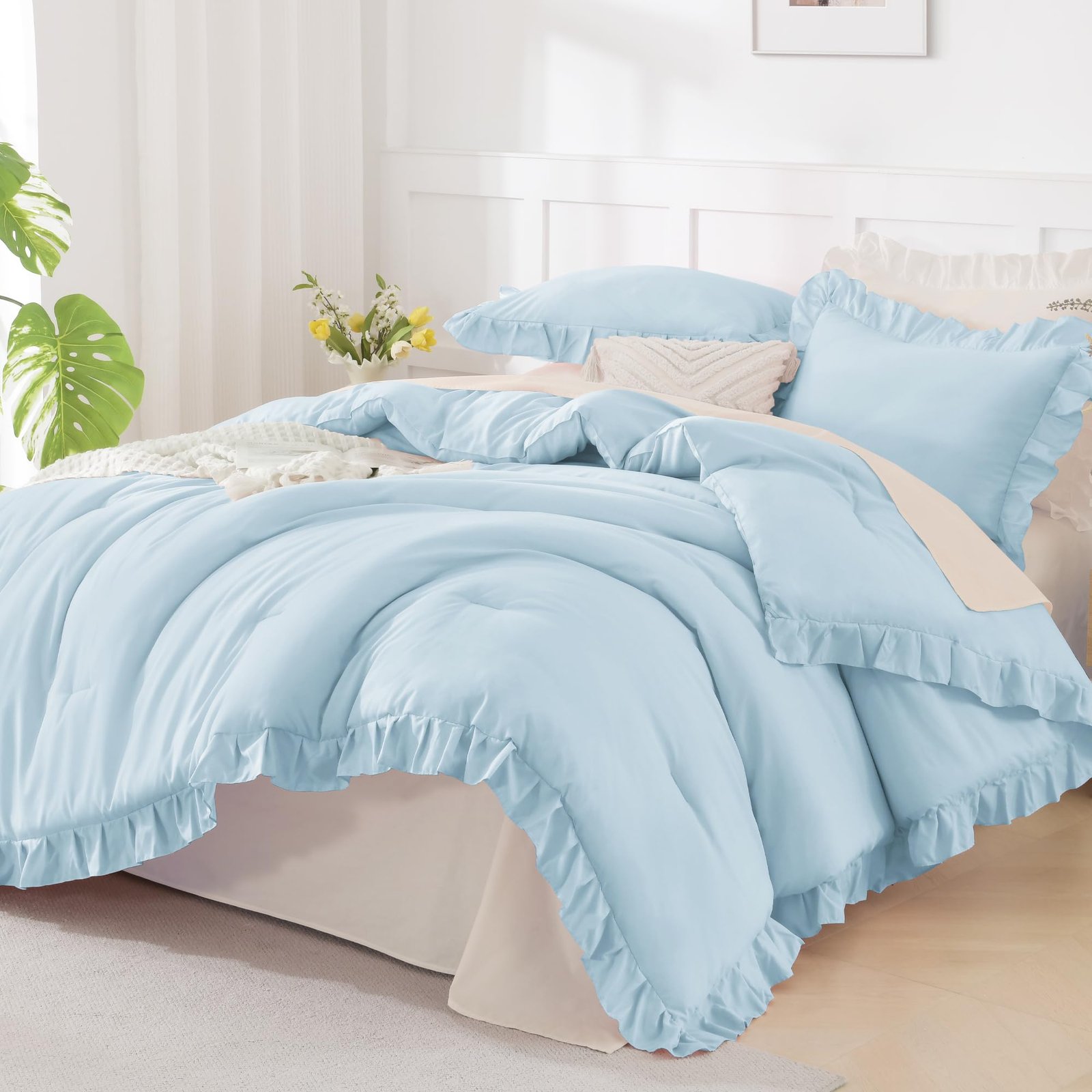 TODD GRIMES White Comforter Queen Size, 3 Pieces Ruffle Shabby Chic Farmhouse Queen Comforter Sets, All Season Lightweight Fluffy Room Decor Bed Set for Girls Women Teens Gift Choice - Image 2