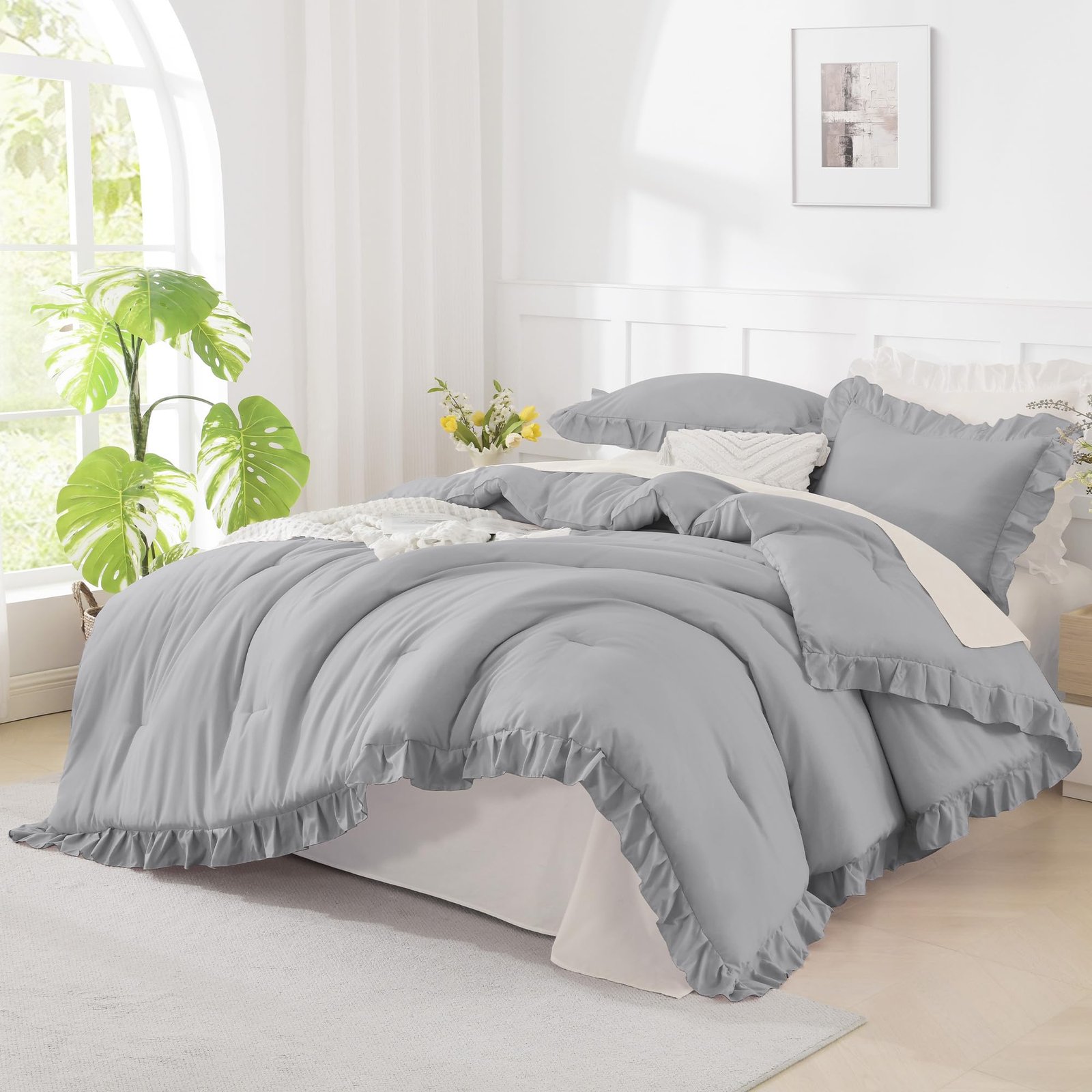 TODD GRIMES White Comforter Queen Size, 3 Pieces Ruffle Shabby Chic Farmhouse Queen Comforter Sets, All Season Lightweight Fluffy Room Decor Bed Set for Girls Women Teens Gift Choice - Image 22