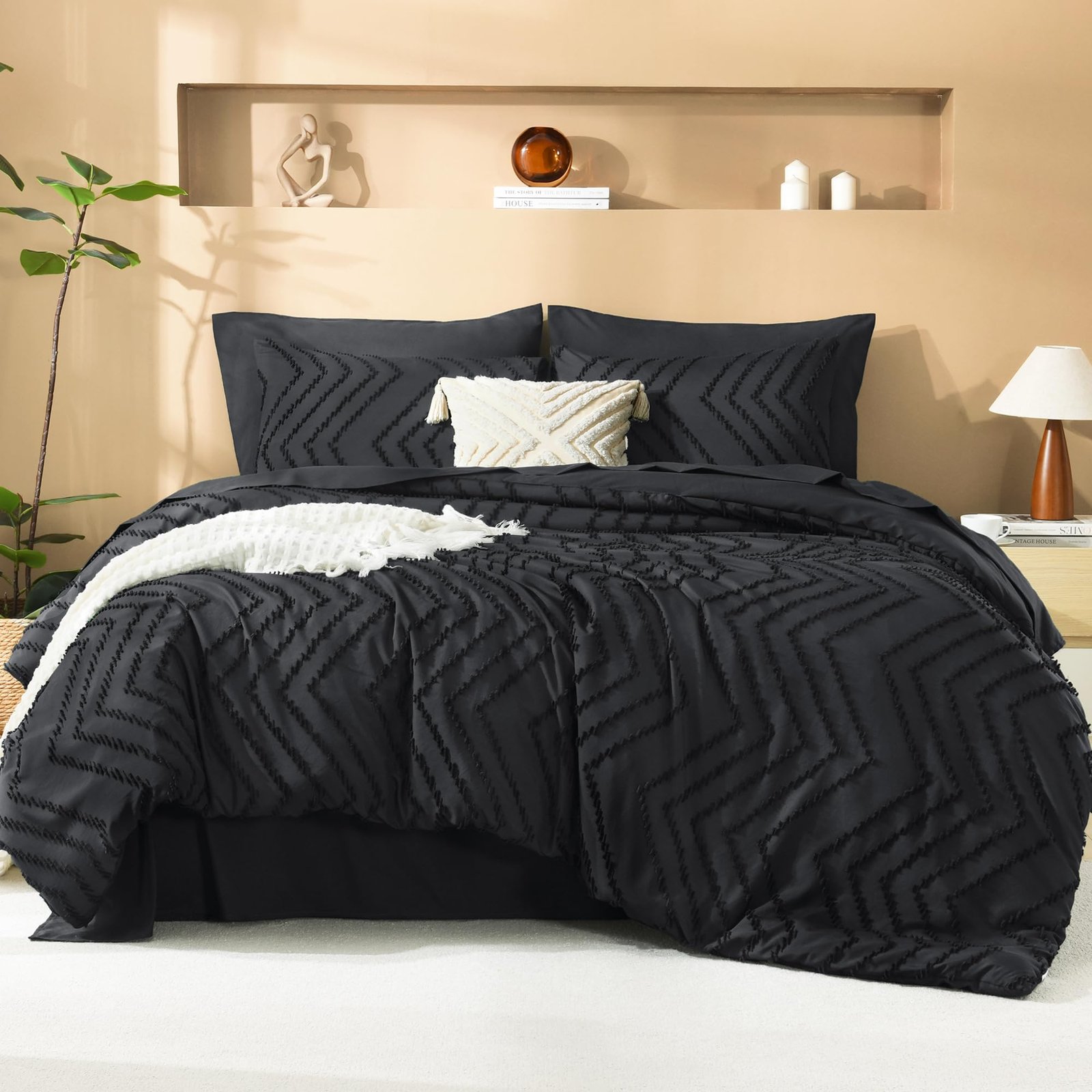 TODD GRIMES King Size Comforter Set with Sheets Beige - 7 Pieces Bed in a Bag King Chevron Tufted Boho Luxury Bedding Sets with Comforter, Sheets, Pillowcases & Shams - Image 88