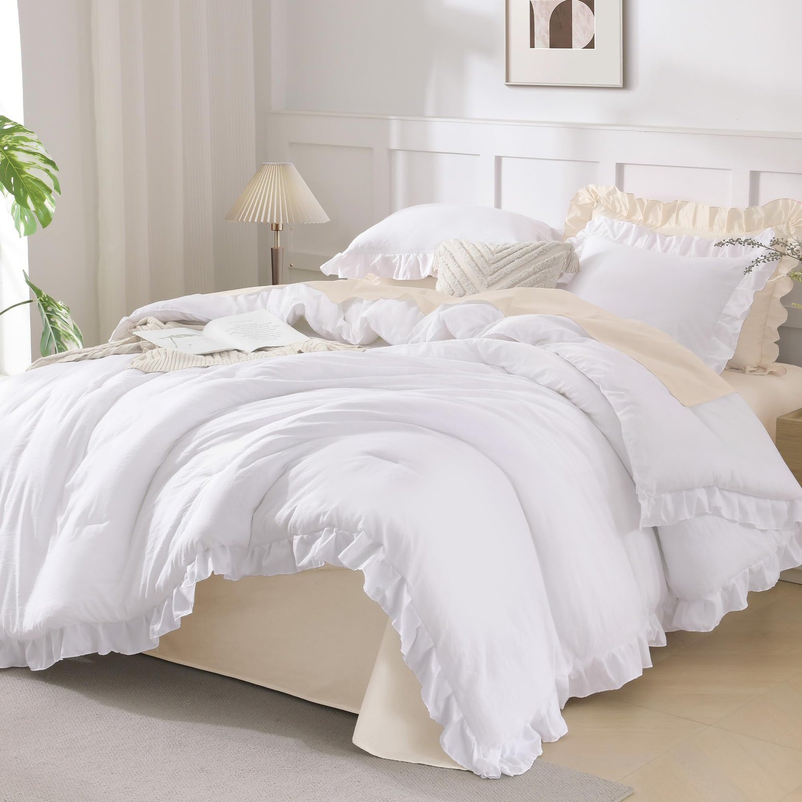 TODD GRIMES White Comforter Queen Size, 3 Pieces Ruffle Shabby Chic Farmhouse Queen Comforter Sets, All Season Lightweight Fluffy Room Decor Bed Set for Girls Women Teens Gift Choice - Image 5