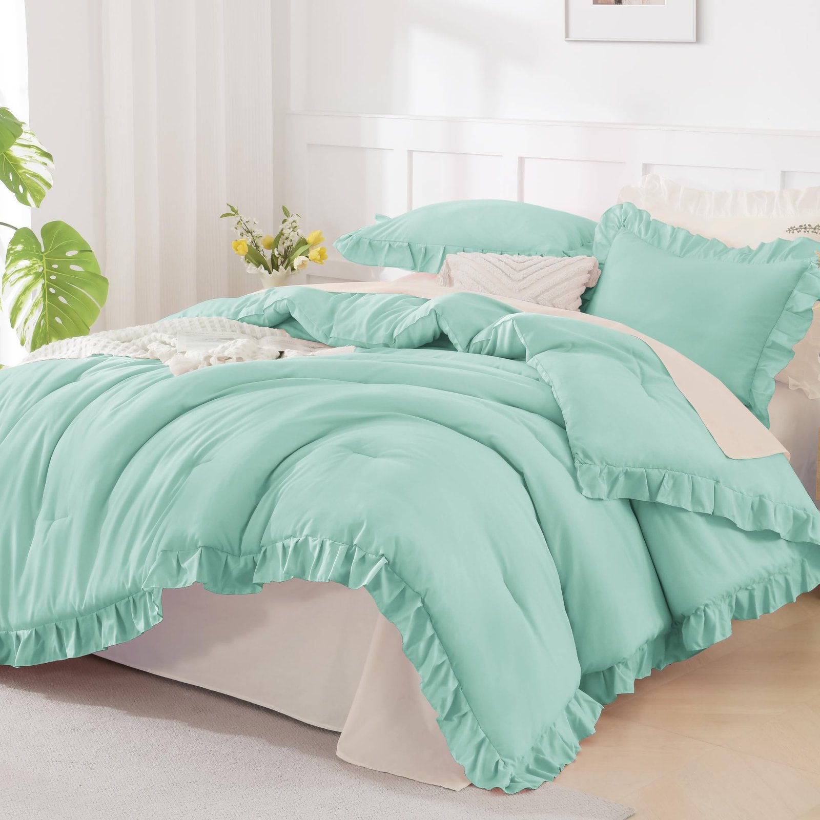 TODD GRIMES White Comforter Queen Size, 3 Pieces Ruffle Shabby Chic Farmhouse Queen Comforter Sets, All Season Lightweight Fluffy Room Decor Bed Set for Girls Women Teens Gift Choice - Image 16