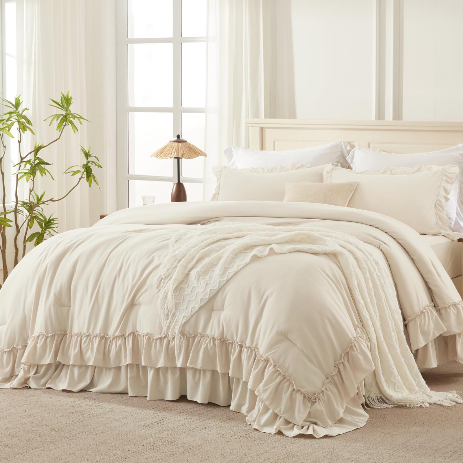 TODD GRIMES White Comforter Set Queen Size, Lightweight Fluffy Farmhouse White Ruffle Bedding Set, Soft Microfiber All Season Shabby Chic Bed Comforter Set 3 Pieces(1 Ruffle Comforter 2 Pillowcases) - Image 16