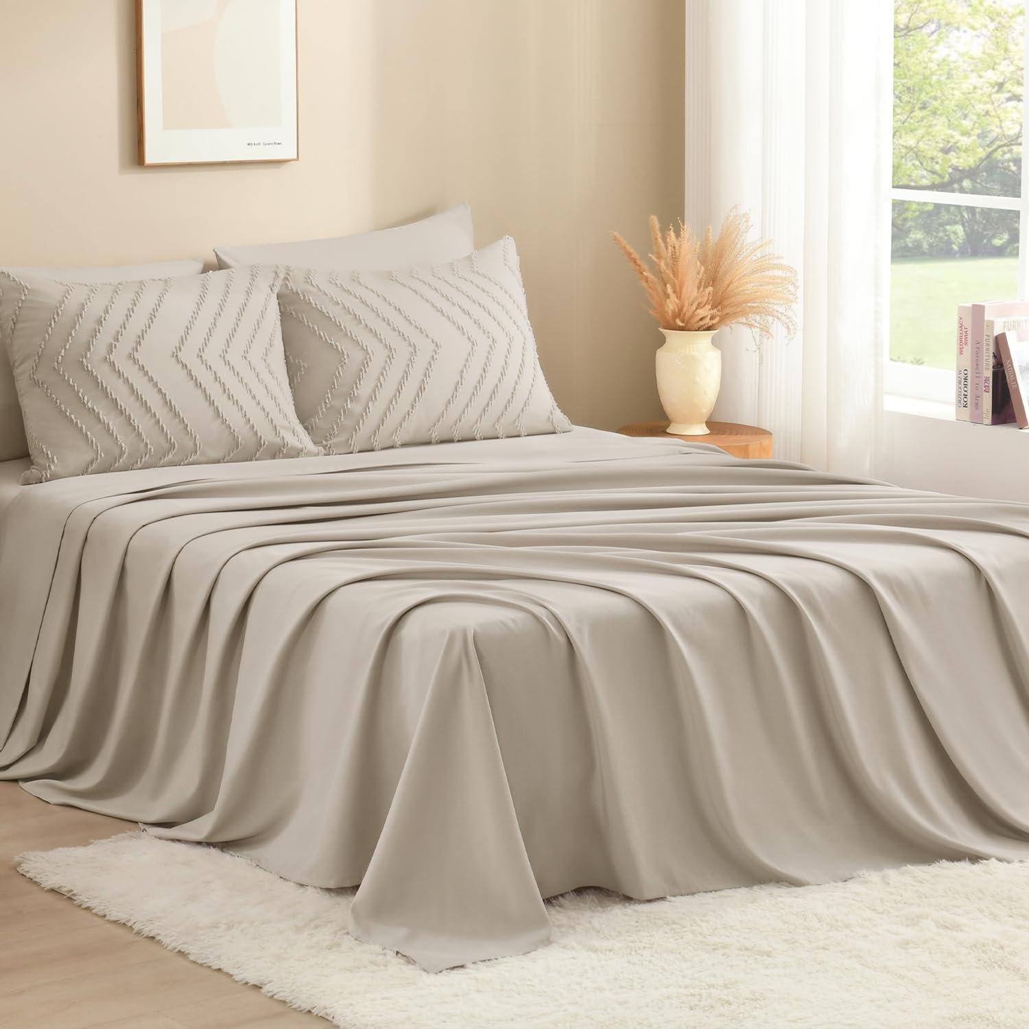 TODD GRIMES King Size Comforter Set with Sheets Beige - 7 Pieces Bed in a Bag King Chevron Tufted Boho Luxury Bedding Sets with Comforter, Sheets, Pillowcases & Shams - Image 93