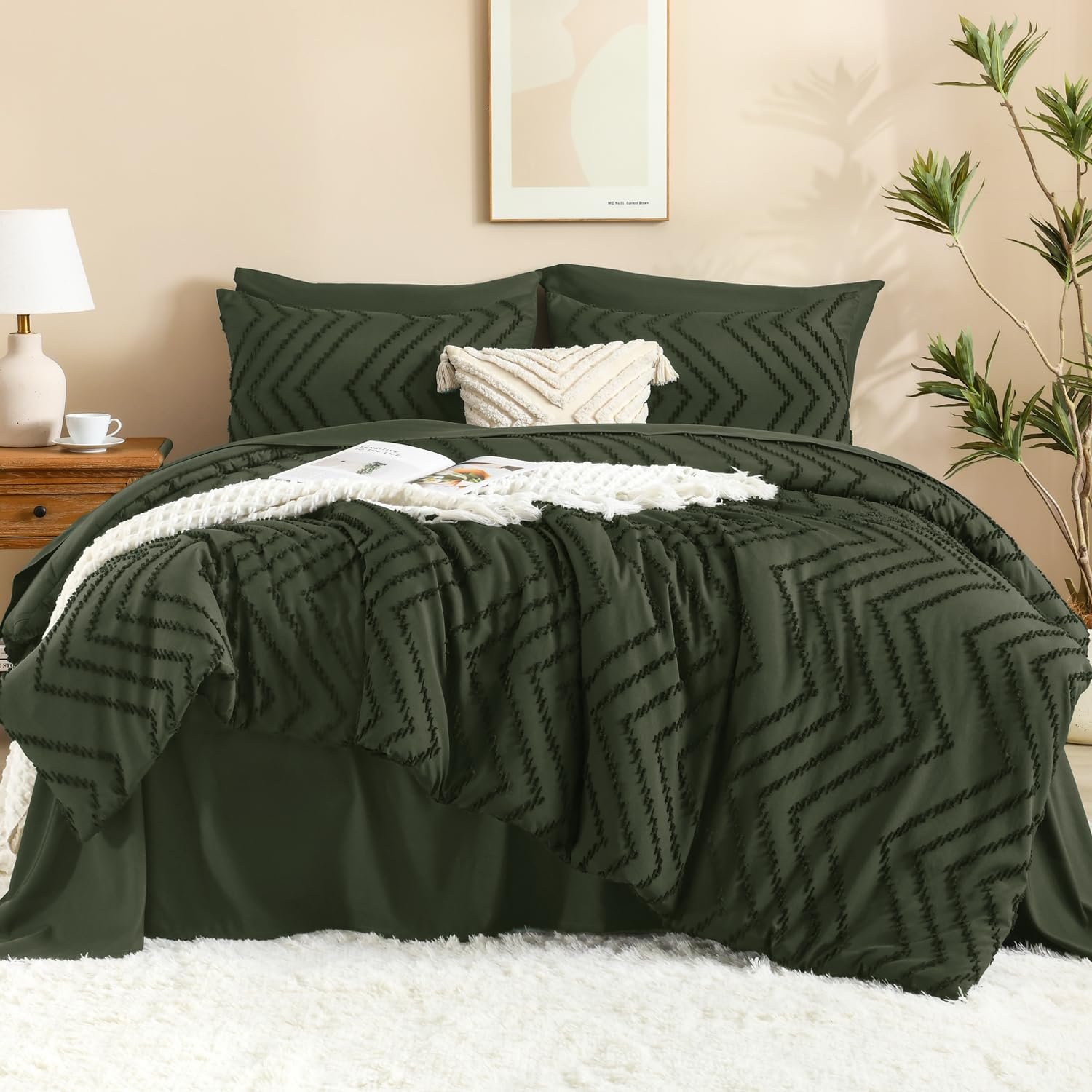 TODD GRIMES King Size Comforter Set with Sheets Beige - 7 Pieces Bed in a Bag King Chevron Tufted Boho Luxury Bedding Sets with Comforter, Sheets, Pillowcases & Shams - Image 6