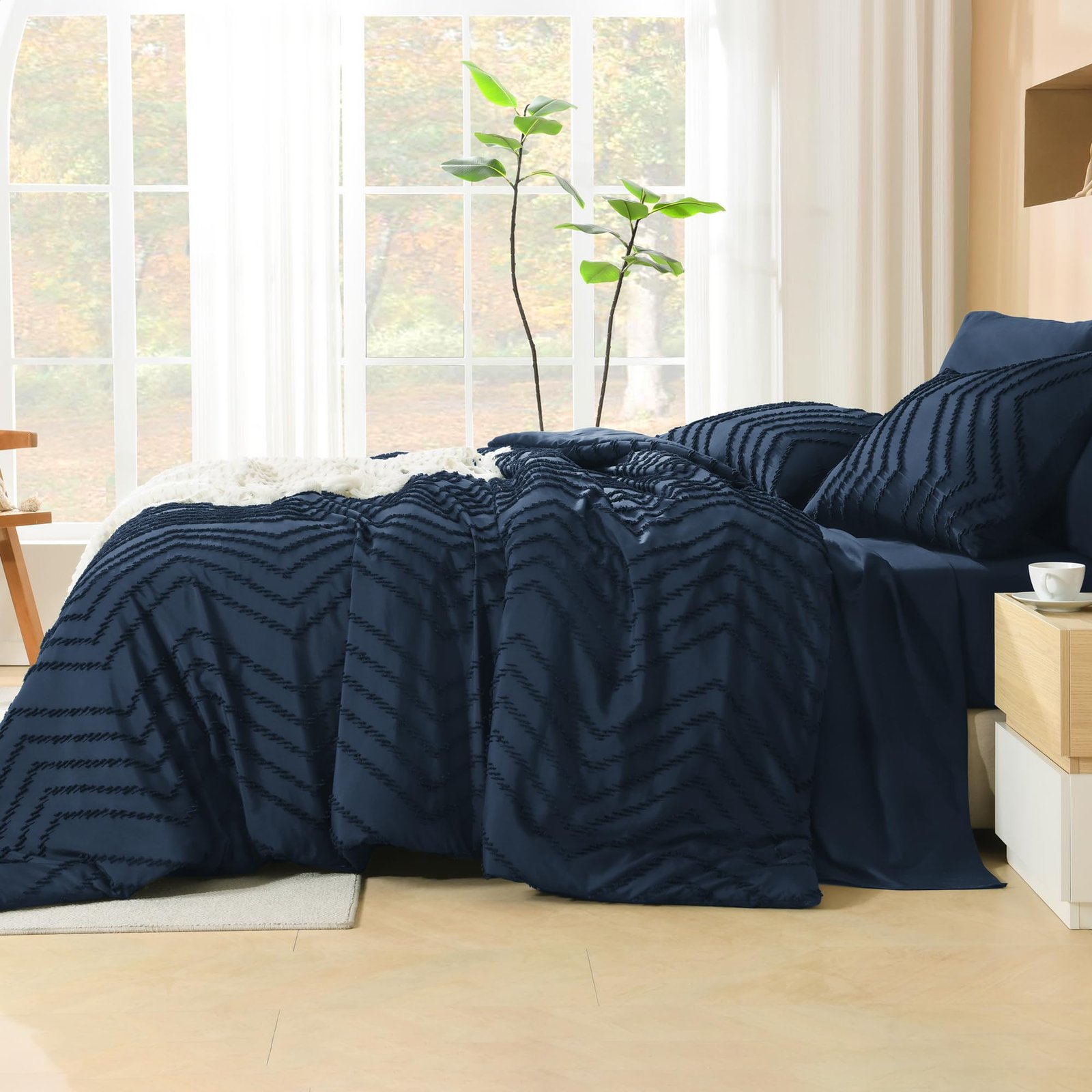 TODD GRIMES King Size Comforter Set with Sheets Beige - 7 Pieces Bed in a Bag King Chevron Tufted Boho Luxury Bedding Sets with Comforter, Sheets, Pillowcases & Shams - Image 10