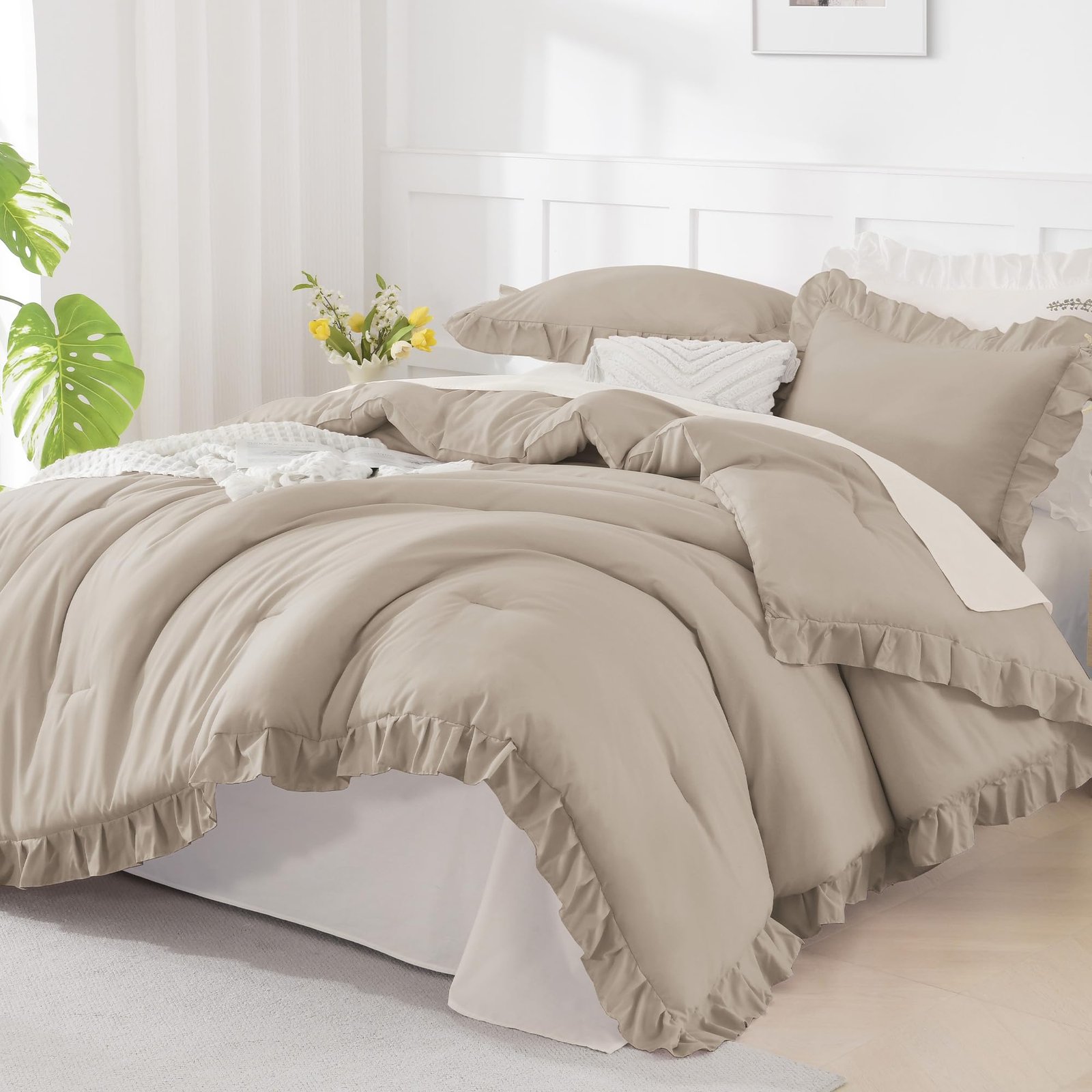 TODD GRIMES White Comforter Queen Size, 3 Pieces Ruffle Shabby Chic Farmhouse Queen Comforter Sets, All Season Lightweight Fluffy Room Decor Bed Set for Girls Women Teens Gift Choice - Image 3