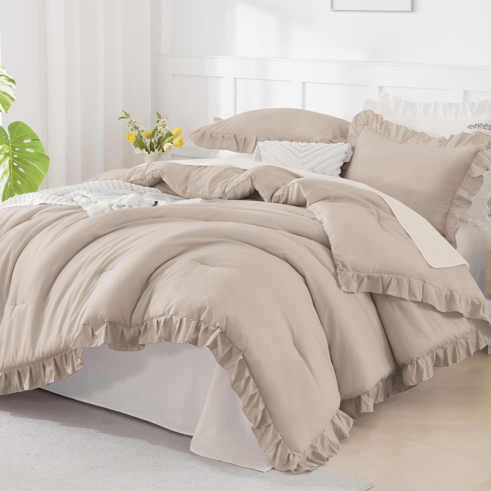 TODD GRIMES White Comforter Queen Size, 3 Pieces Ruffle Shabby Chic Farmhouse Queen Comforter Sets, All Season Lightweight Fluffy Room Decor Bed Set for Girls Women Teens Gift Choice - Image 14