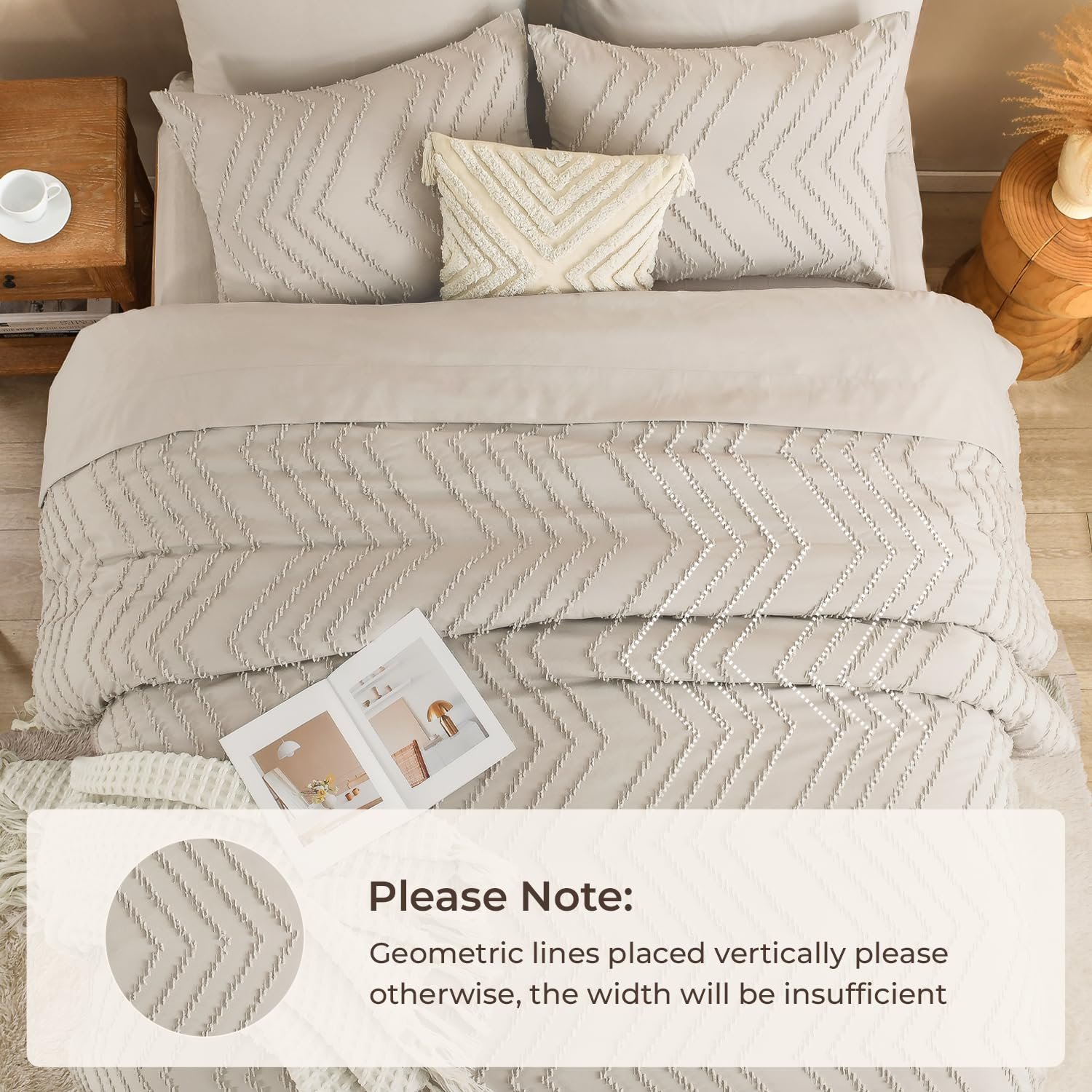 TODD GRIMES King Size Comforter Set with Sheets Beige - 7 Pieces Bed in a Bag King Chevron Tufted Boho Luxury Bedding Sets with Comforter, Sheets, Pillowcases & Shams - Image 91