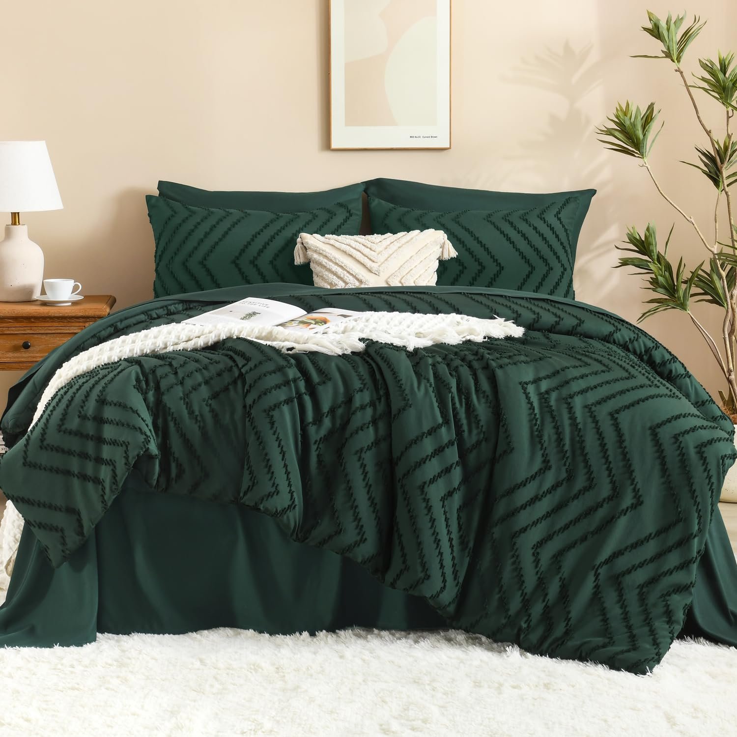 TODD GRIMES King Size Comforter Set with Sheets Beige - 7 Pieces Bed in a Bag King Chevron Tufted Boho Luxury Bedding Sets with Comforter, Sheets, Pillowcases & Shams - Image 40