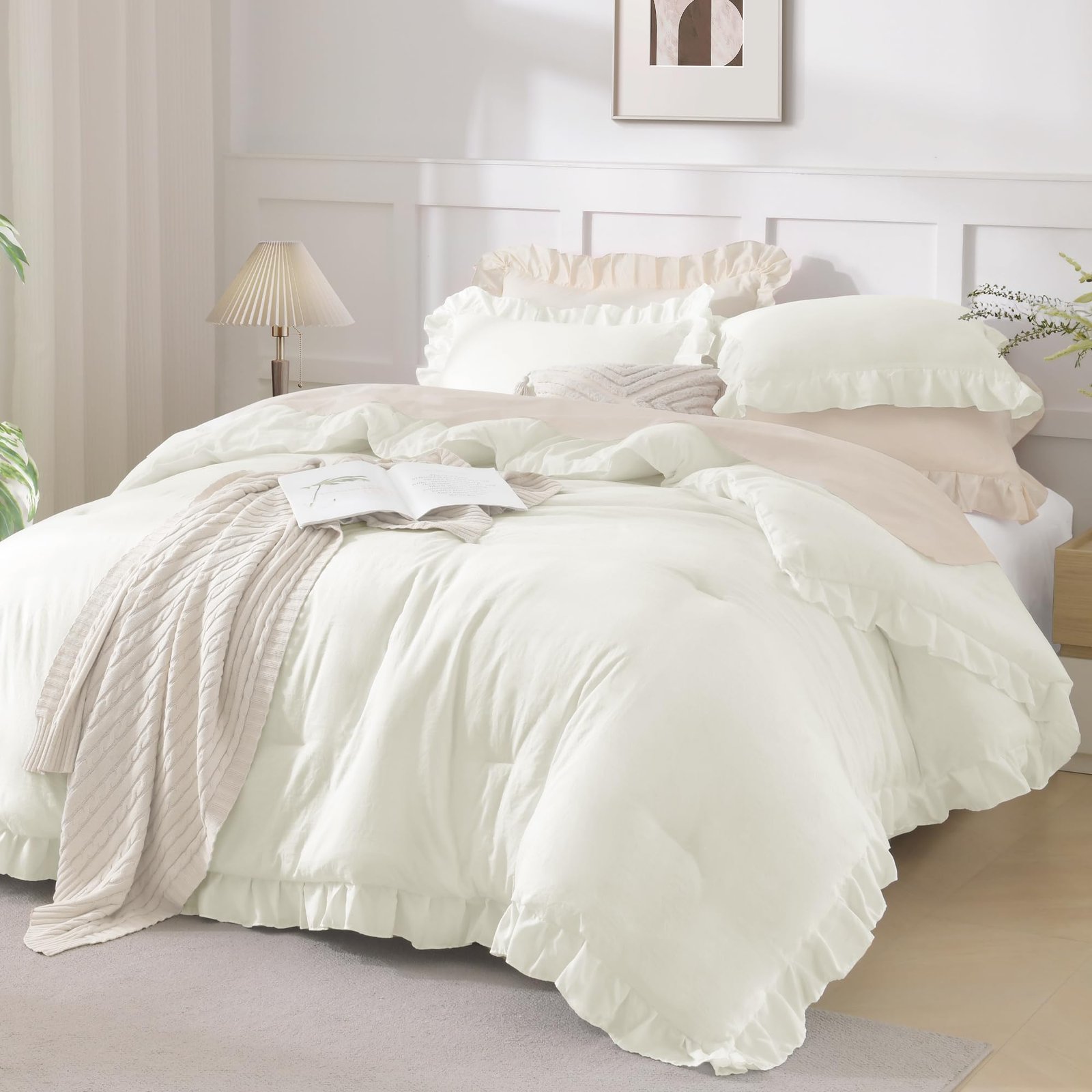 TODD GRIMES White Comforter Queen Size, 3 Pieces Ruffle Shabby Chic Farmhouse Queen Comforter Sets, All Season Lightweight Fluffy Room Decor Bed Set for Girls Women Teens Gift Choice - Image 11