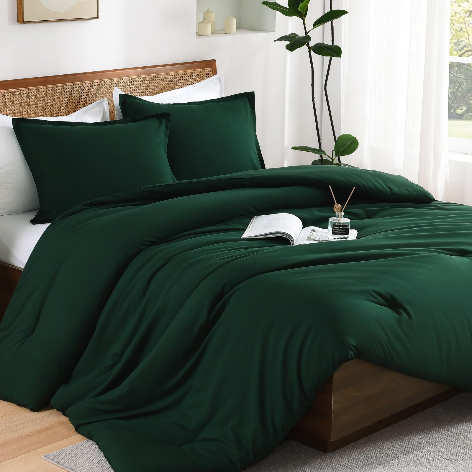 TODD GRIMES Dark Emerald Green Queen Size Comforter Set, 3 Pieces Forest Hunter Green Boho Solid Bedding Sets, Soft Cozy Lightweight Down Alternative All Season Bed Set - Image 5