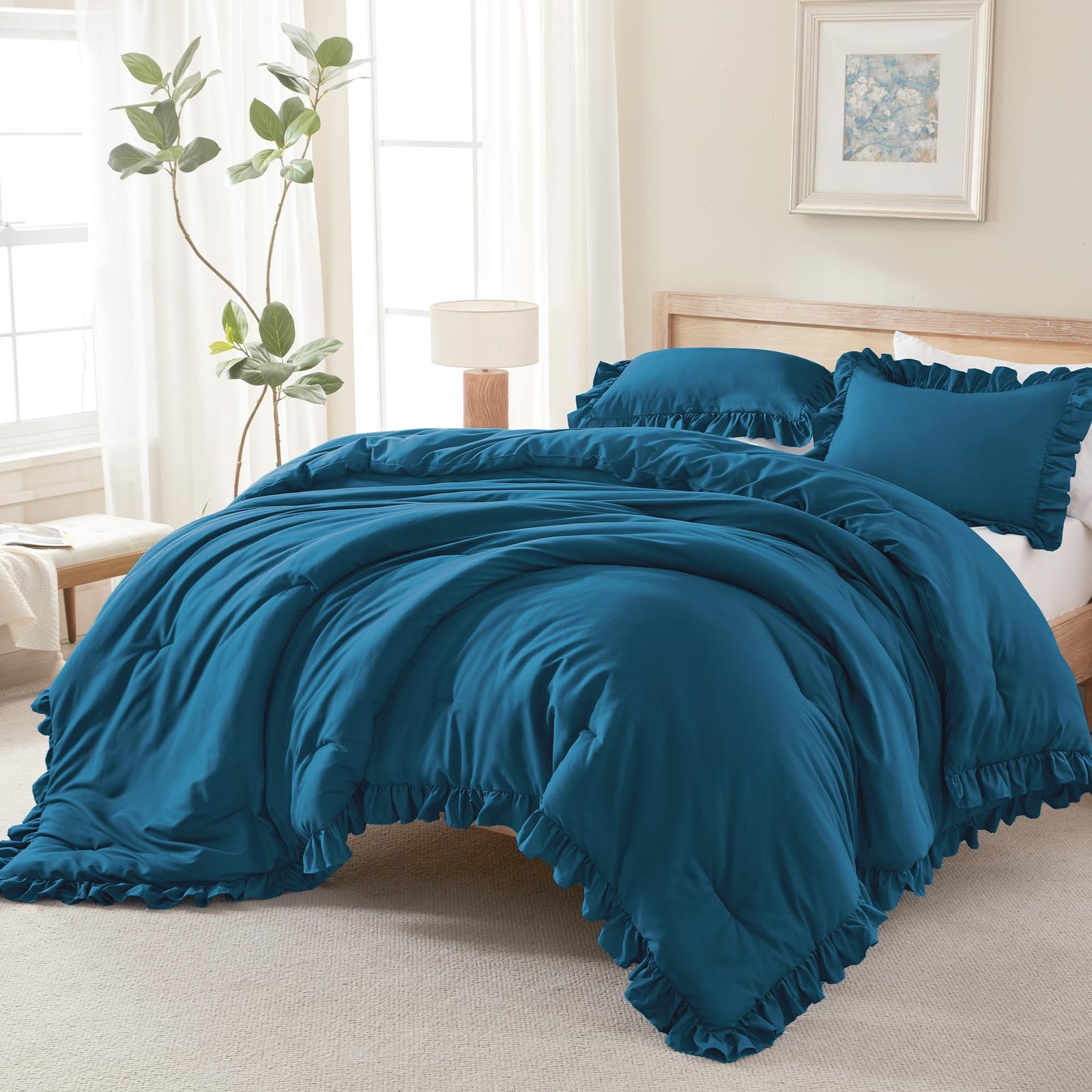 TODD GRIMES White Comforter Queen Size, 3 Pieces Ruffle Shabby Chic Farmhouse Queen Comforter Sets, All Season Lightweight Fluffy Room Decor Bed Set for Girls Women Teens Gift Choice - Image 8