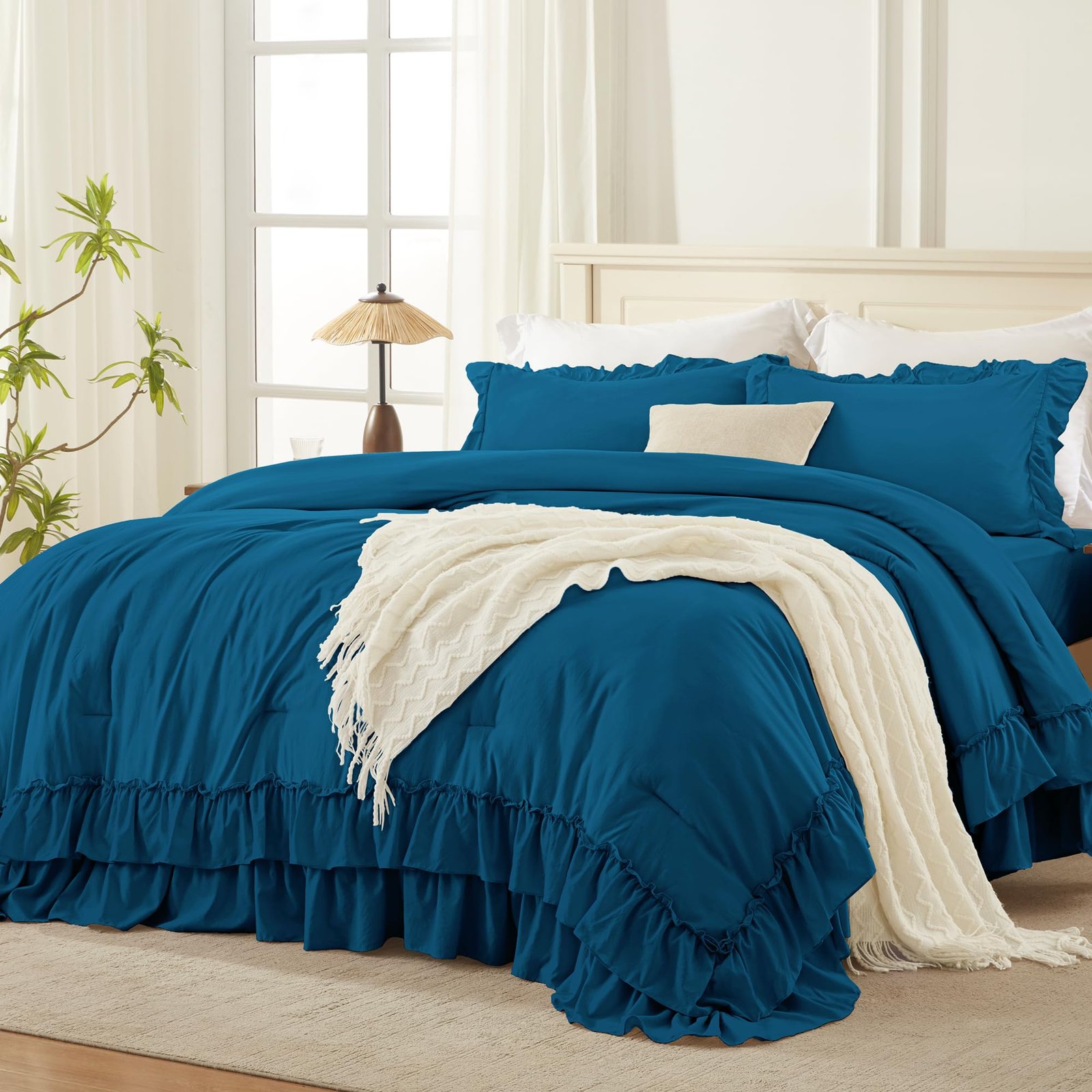 TODD GRIMES White Comforter Set Queen Size, Lightweight Fluffy Farmhouse White Ruffle Bedding Set, Soft Microfiber All Season Shabby Chic Bed Comforter Set 3 Pieces(1 Ruffle Comforter 2 Pillowcases) - Image 18