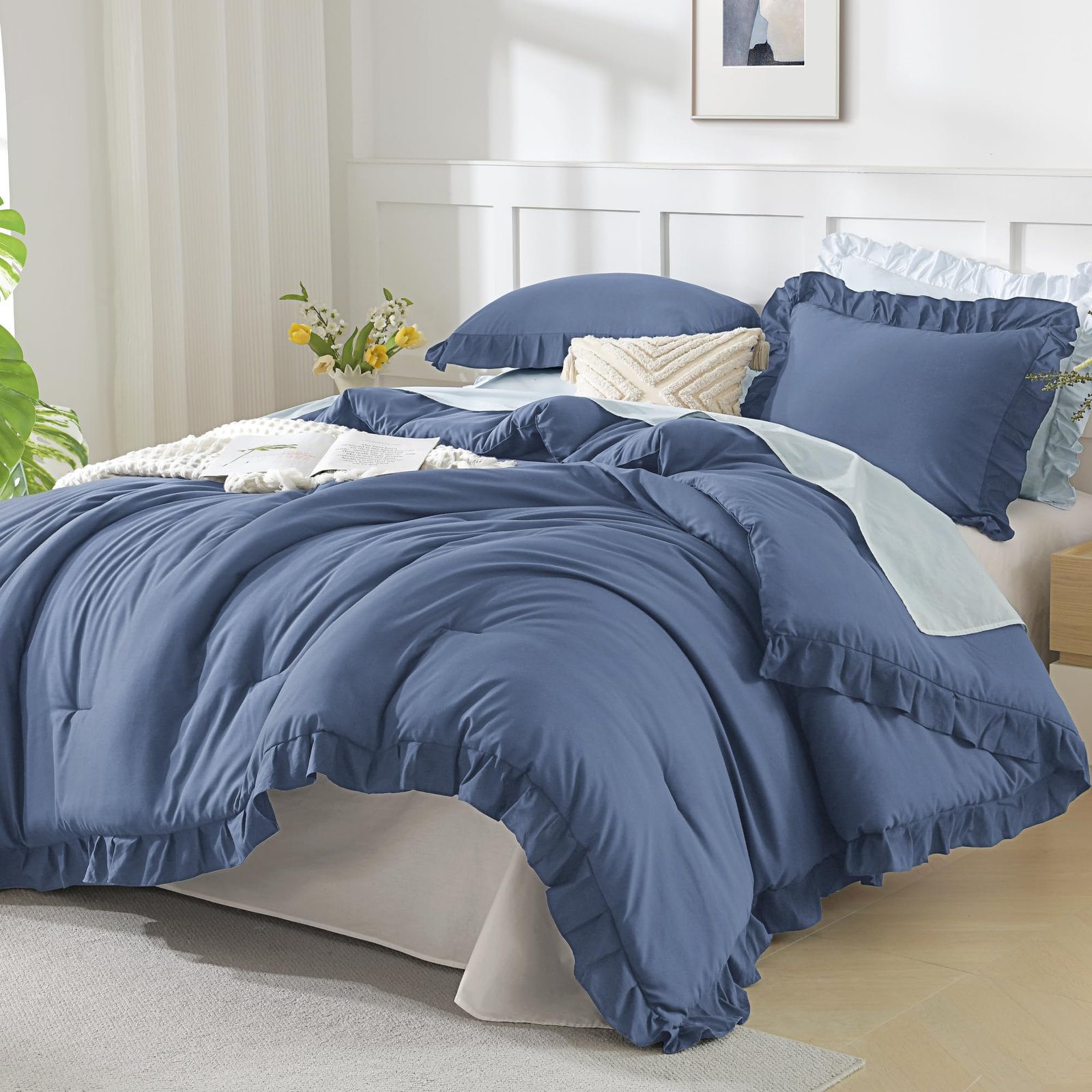 TODD GRIMES White Comforter Queen Size, 3 Pieces Ruffle Shabby Chic Farmhouse Queen Comforter Sets, All Season Lightweight Fluffy Room Decor Bed Set for Girls Women Teens Gift Choice - Image 7