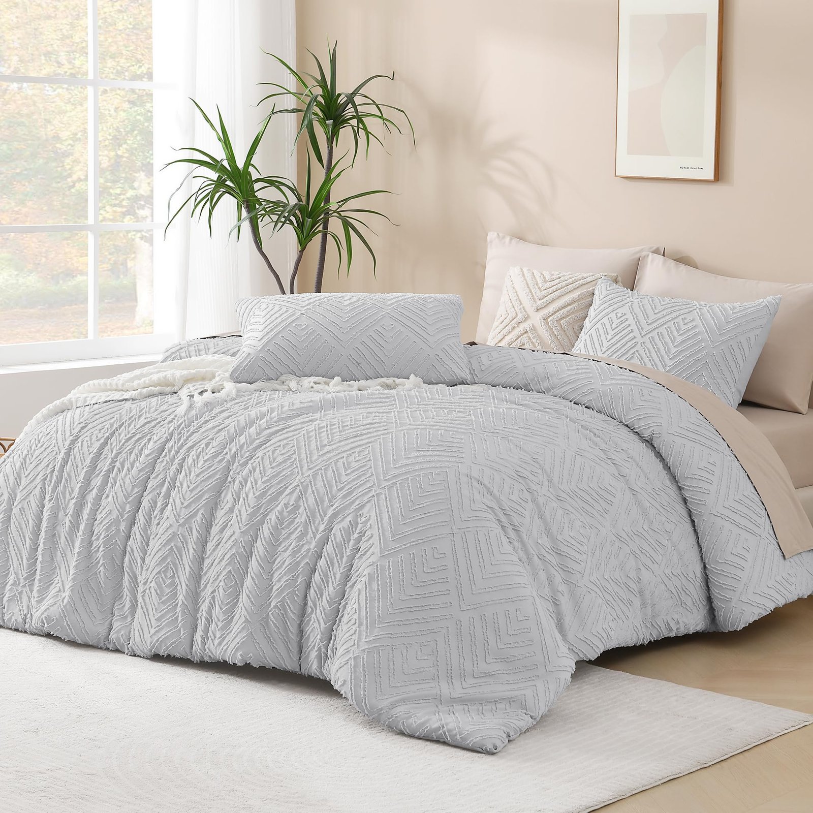 TODD GRIMES King Size Comforter Set Beige, 3 Pieces Boho King Bedding Comforter Set Cream, All Season Soft Lightweight Tufted Textured Down Alternative Comforter Fluffy Bed Set