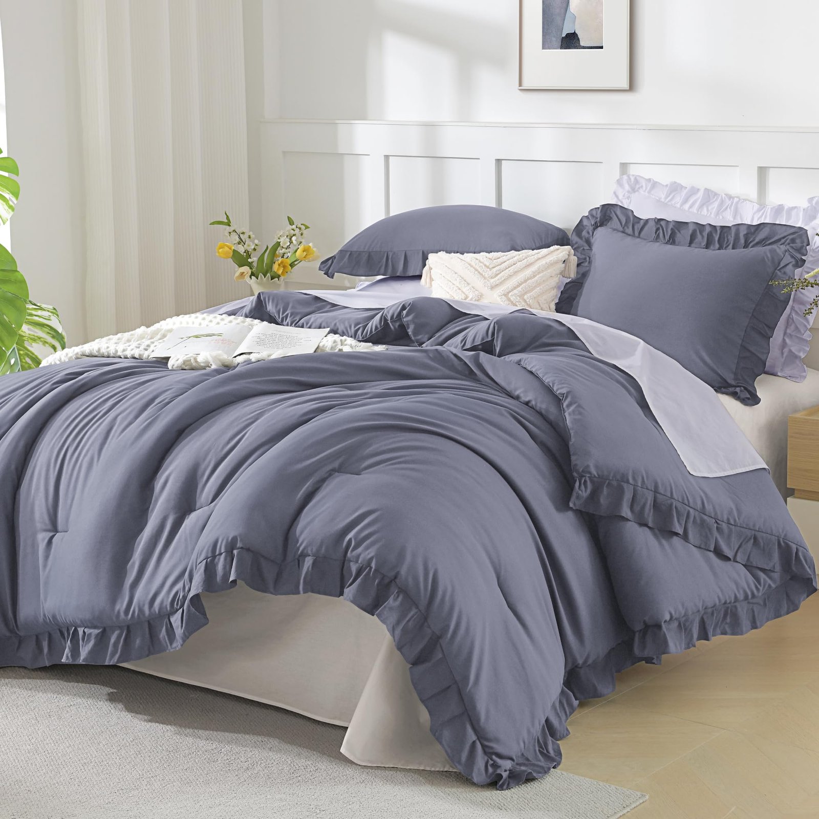 TODD GRIMES White Comforter Queen Size, 3 Pieces Ruffle Shabby Chic Farmhouse Queen Comforter Sets, All Season Lightweight Fluffy Room Decor Bed Set for Girls Women Teens Gift Choice - Image 25