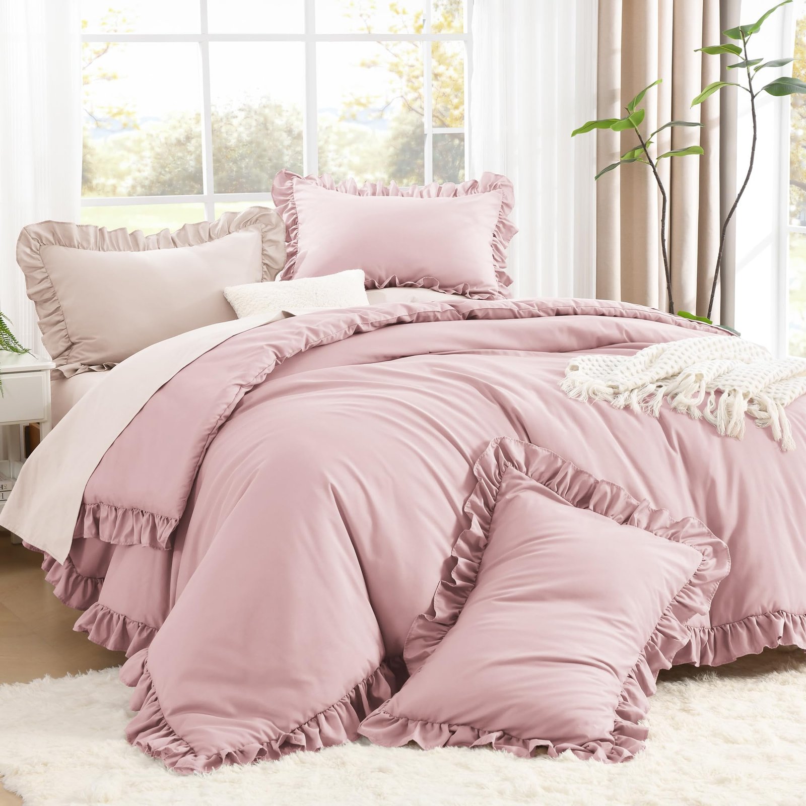 TODD GRIMES Full Size Comforter Sets, 3 Pieces Blush Pink Ruffle Girls Women Cute Bedding Comforters & Sets, Lightweight Fluffy Microfiber as Gift (79x90In Comforter & 2 Pillowcases) - Image 3