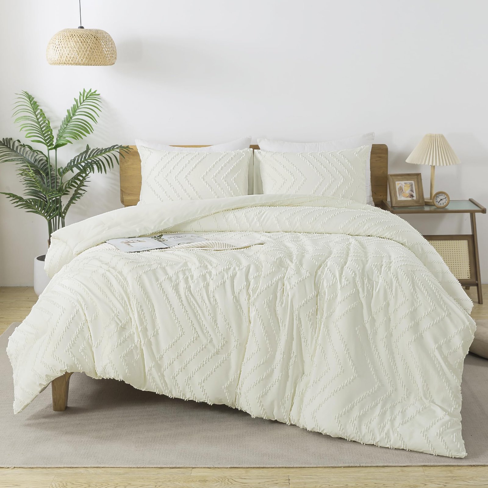 TODD GRIMES King Size Comforter Set Beige, Boho Cream Soft Warm Tufted Neutral Bedding Comforter Sets for King Size Bed, 3 Pieces Aesthetic Chevron Farmhouse Cute Bohemian Textured Bedding Set - Image 17