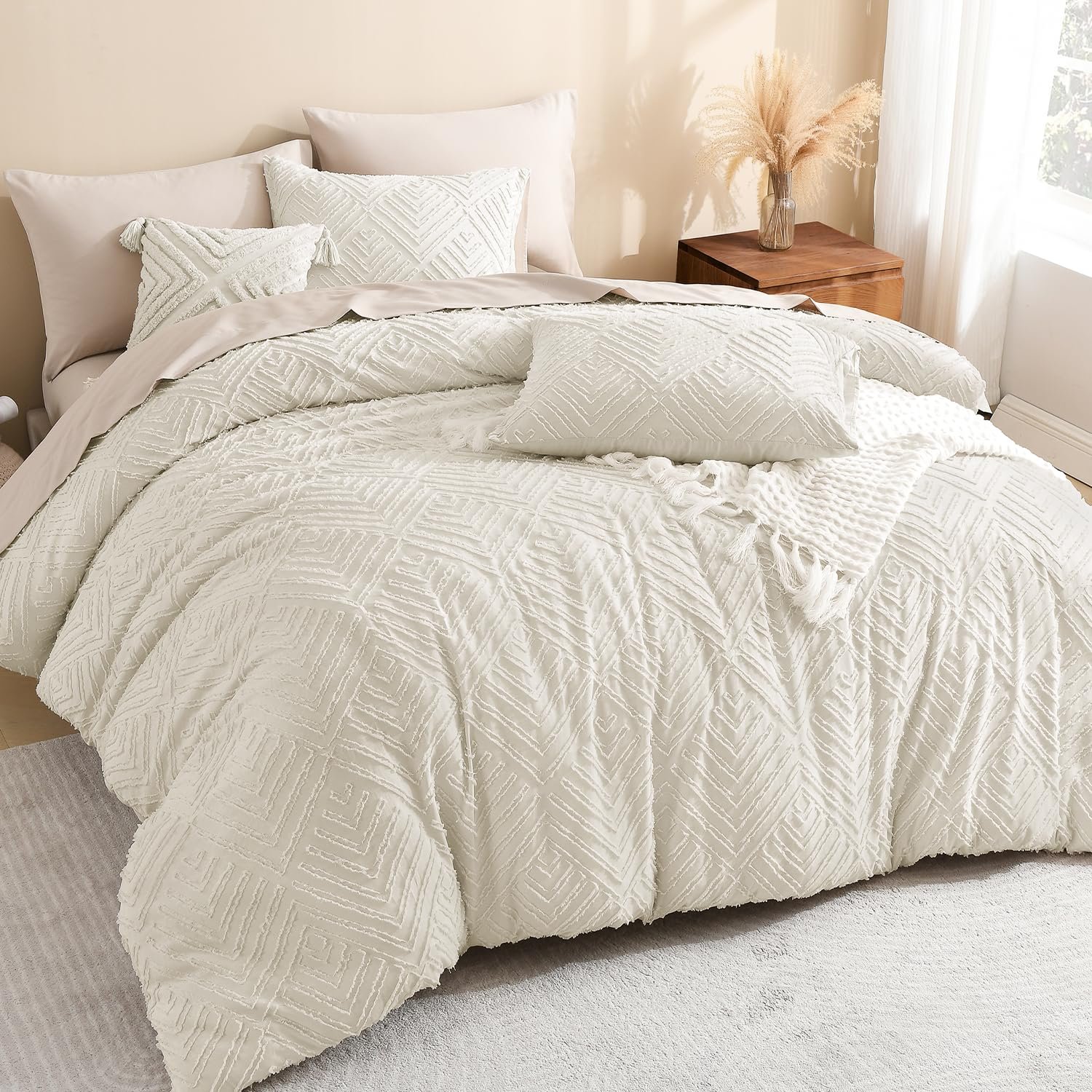 TODD GRIMES Comforter King Size Set Oatmeal, 3 Pieces Boho Tufted Farmhouse Bedding Comforter Sets, Lightweight Fluffy Comforter Bed Set for All Season (104x90In Comforter and 2 Pillowcases) - Image 2