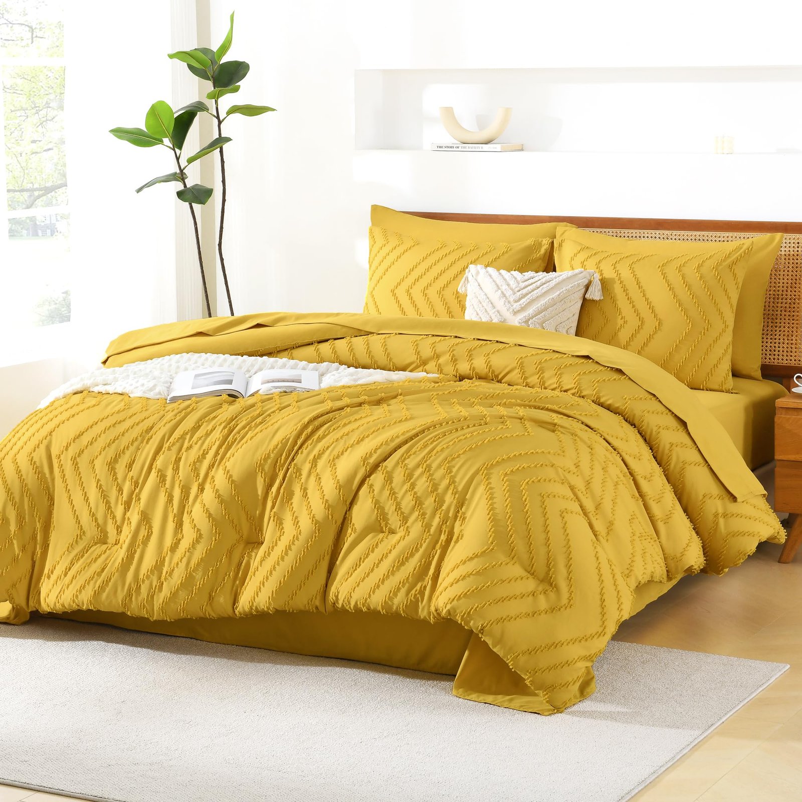 TODD GRIMES King Size Comforter Set with Sheets Beige - 7 Pieces Bed in a Bag King Chevron Tufted Boho Luxury Bedding Sets with Comforter, Sheets, Pillowcases & Shams - Image 42