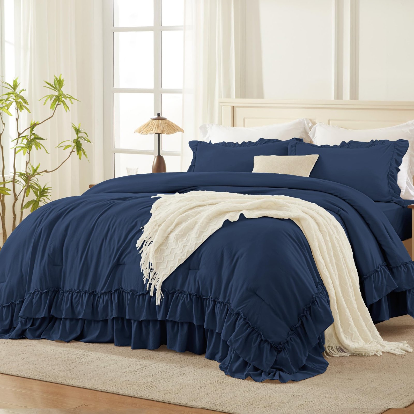 TODD GRIMES White Comforter Set Queen Size, Lightweight Fluffy Farmhouse White Ruffle Bedding Set, Soft Microfiber All Season Shabby Chic Bed Comforter Set 3 Pieces(1 Ruffle Comforter 2 Pillowcases) - Image 19