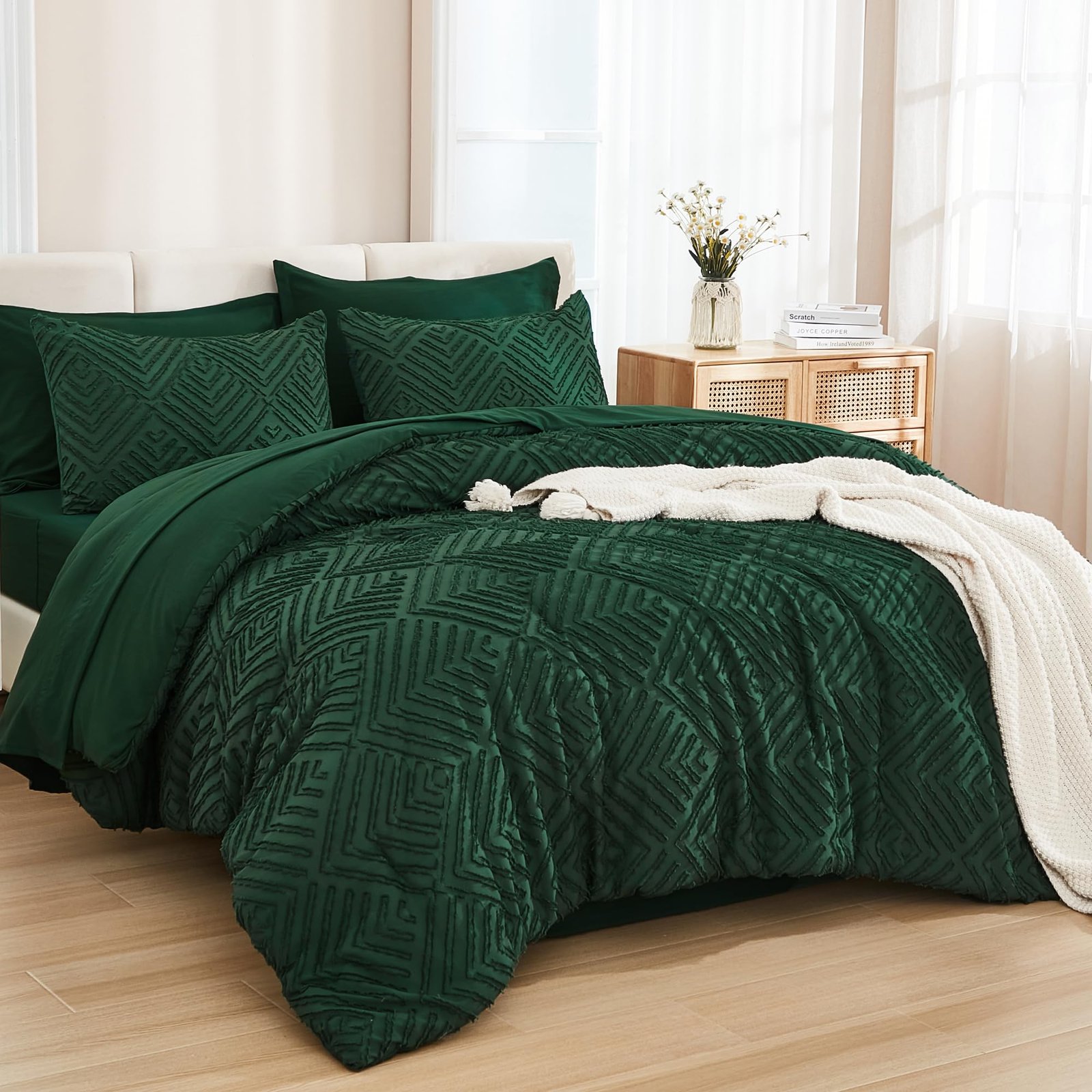 TODD GRIMES King Size Comforter Set 7 Pieces Dark Emerald Green - Bed in a Bag King Boho Lightweight Fluffy Tufted Bedding Sets with Quilt Comforter, Sheets, Pillowcases & Shams - Image 2