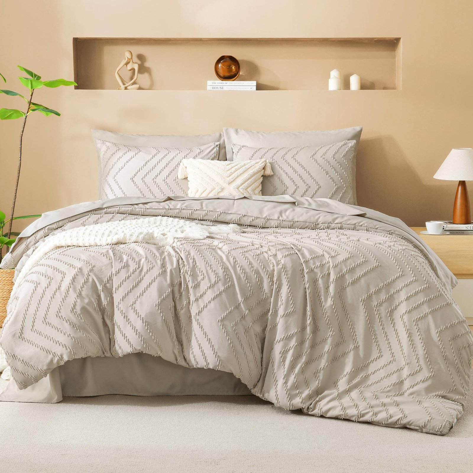TODD GRIMES King Size Comforter Set with Sheets Beige - 7 Pieces Bed in a Bag King Chevron Tufted Boho Luxury Bedding Sets with Comforter, Sheets, Pillowcases & Shams - Image 49