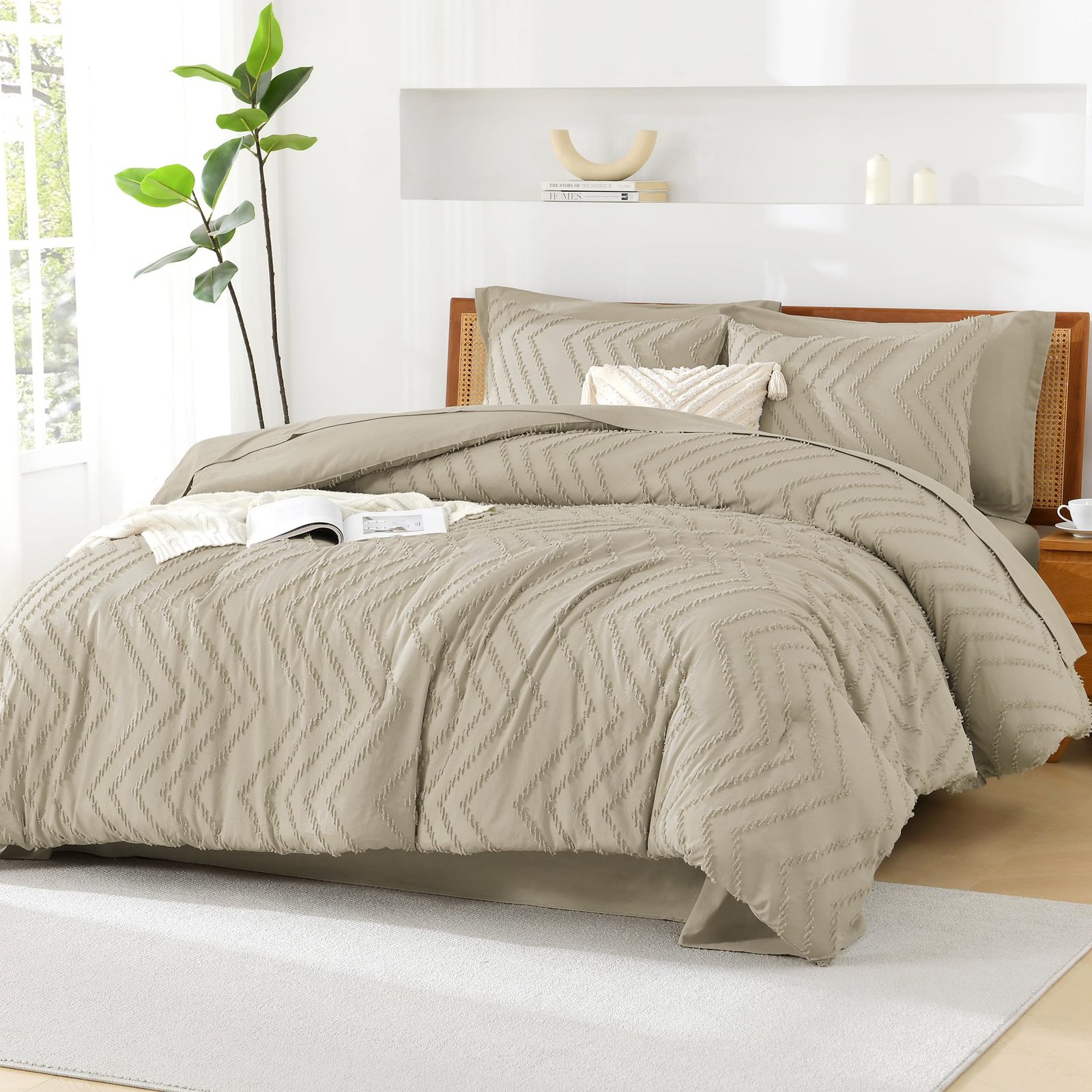 TODD GRIMES King Size Comforter Set with Sheets Beige - 7 Pieces Bed in a Bag King Chevron Tufted Boho Luxury Bedding Sets with Comforter, Sheets, Pillowcases & Shams - Image 27