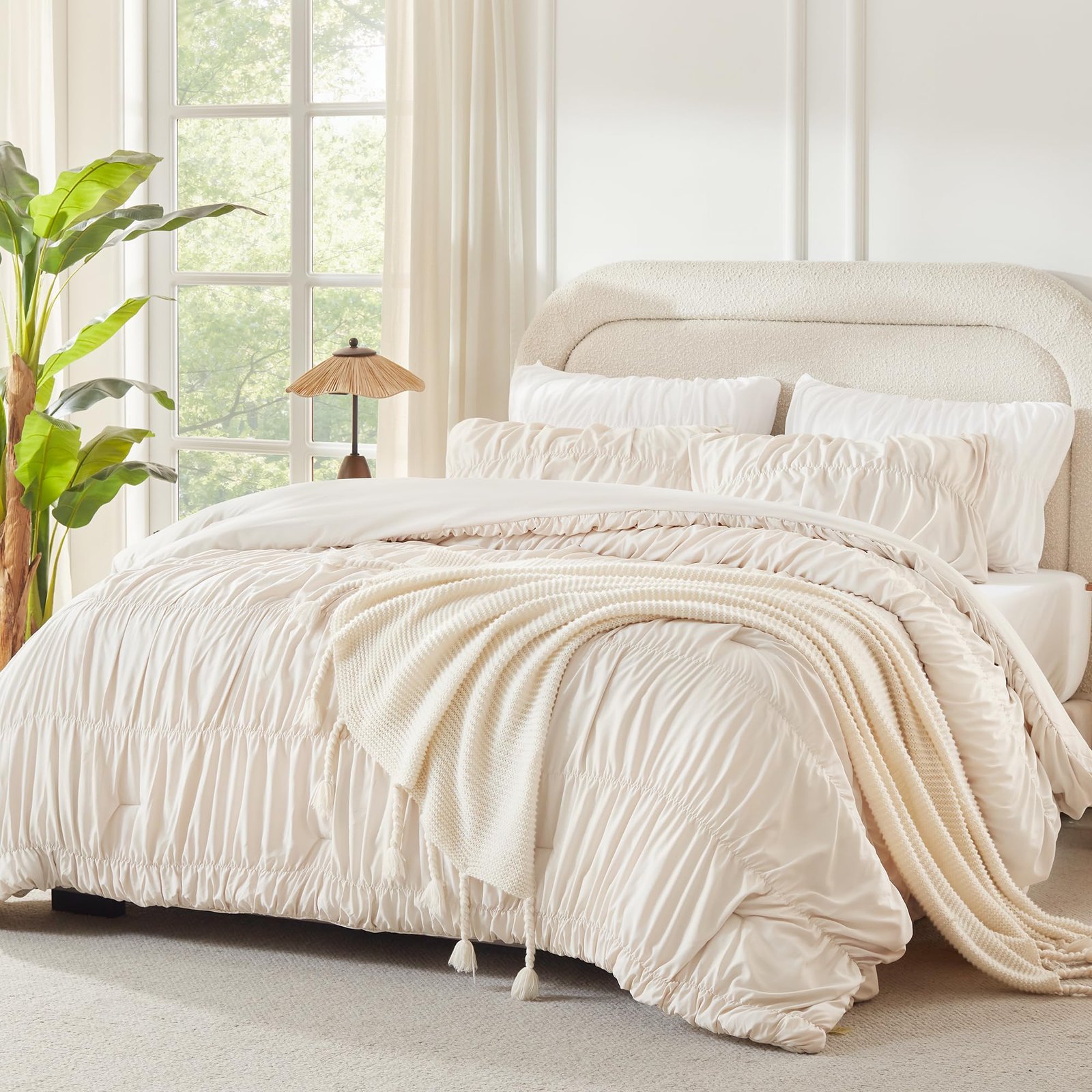 TODD GRIMES Ruched Beige Queen Comforter Set, Shabby Chic Pleated Bedding Sets 3 Pieces, Lightweight Soft Boho Ruffle Bed Set for Girls, Kids, Women, All Season - Image 5