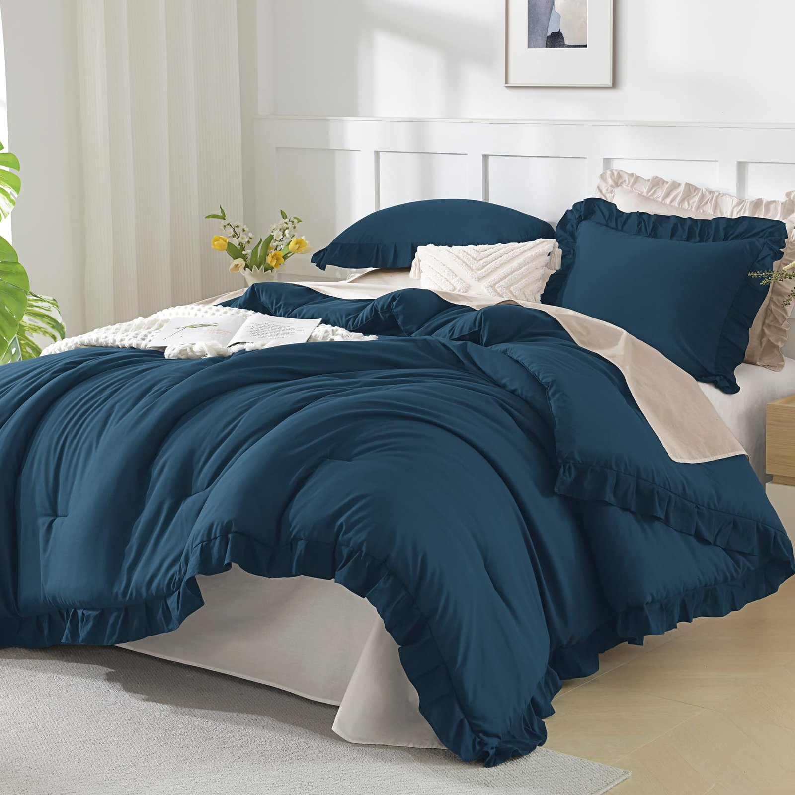TODD GRIMES White Comforter Queen Size, 3 Pieces Ruffle Shabby Chic Farmhouse Queen Comforter Sets, All Season Lightweight Fluffy Room Decor Bed Set for Girls Women Teens Gift Choice - Image 10