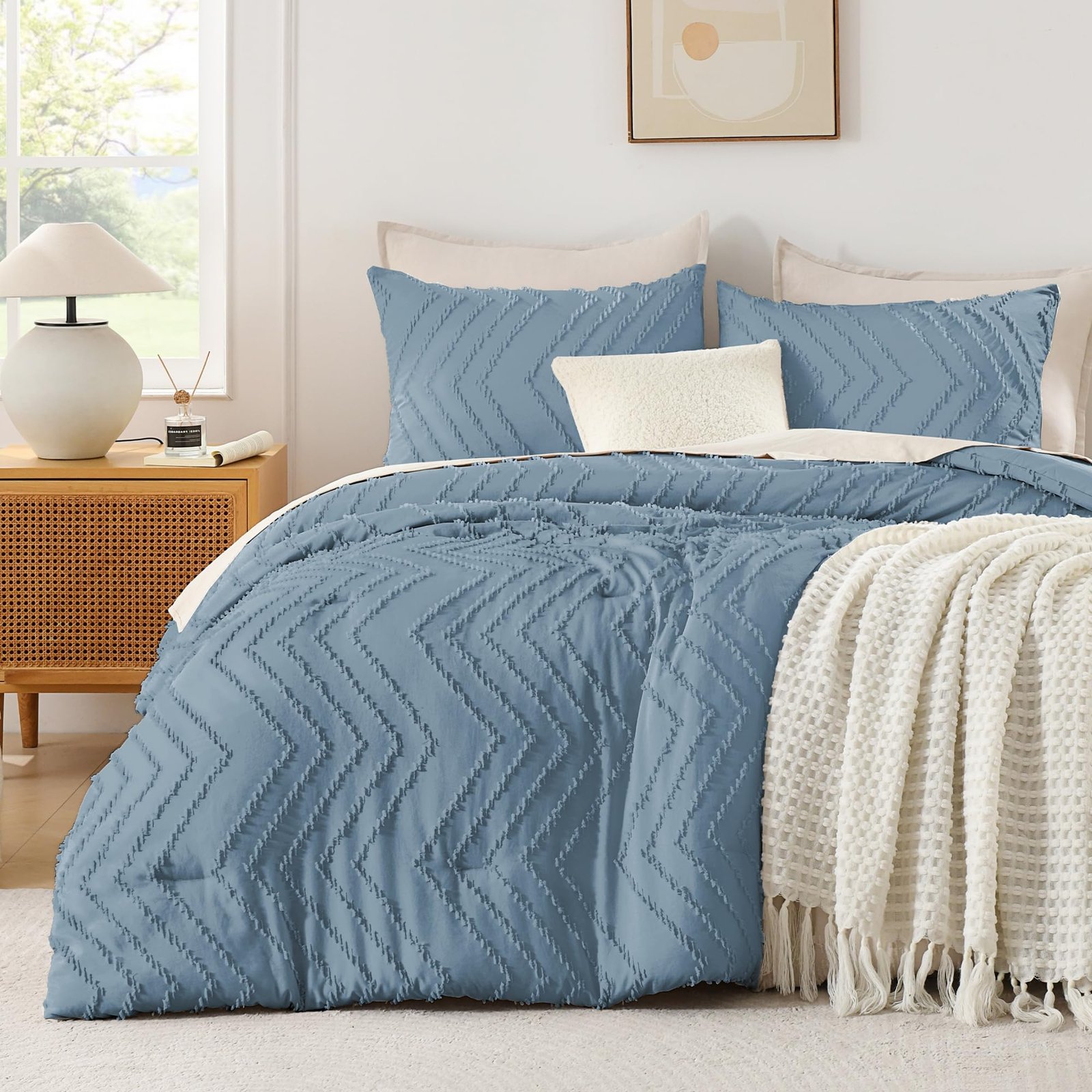 TODD GRIMES King Size Comforter Set Beige, Boho Cream Soft Warm Tufted Neutral Bedding Comforter Sets for King Size Bed, 3 Pieces Aesthetic Chevron Farmhouse Cute Bohemian Textured Bedding Set - Image 22