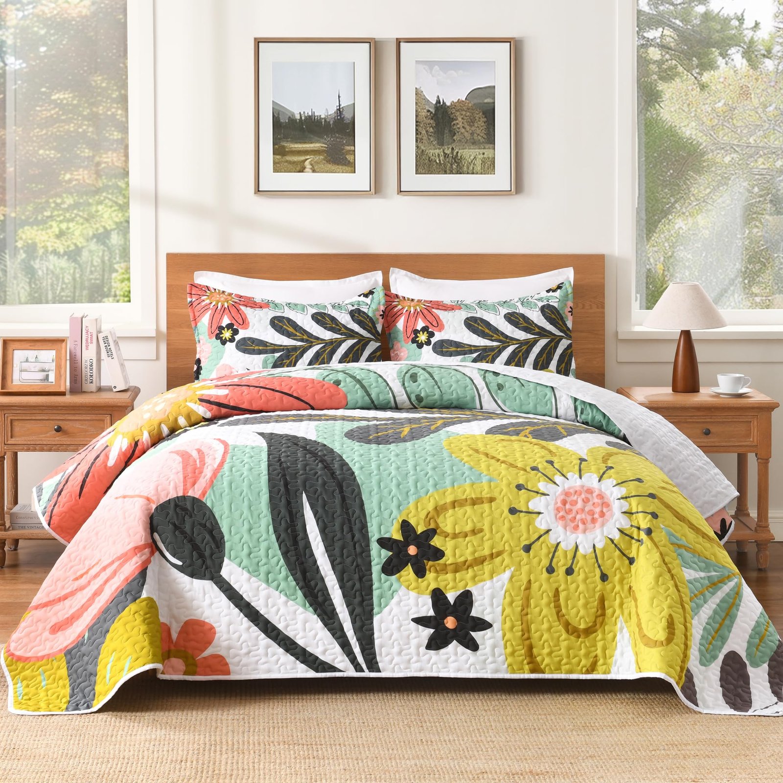 TODD GRIMES Floral Boho Quilt King Size Bedding Set Black, 3 Pieces Farmhouse Flower Botanical Summer Bedspreads with 2 Shams, Soft Reversible Lightweight Microfiber Coverlet Set for All Season, 106 - Image 3