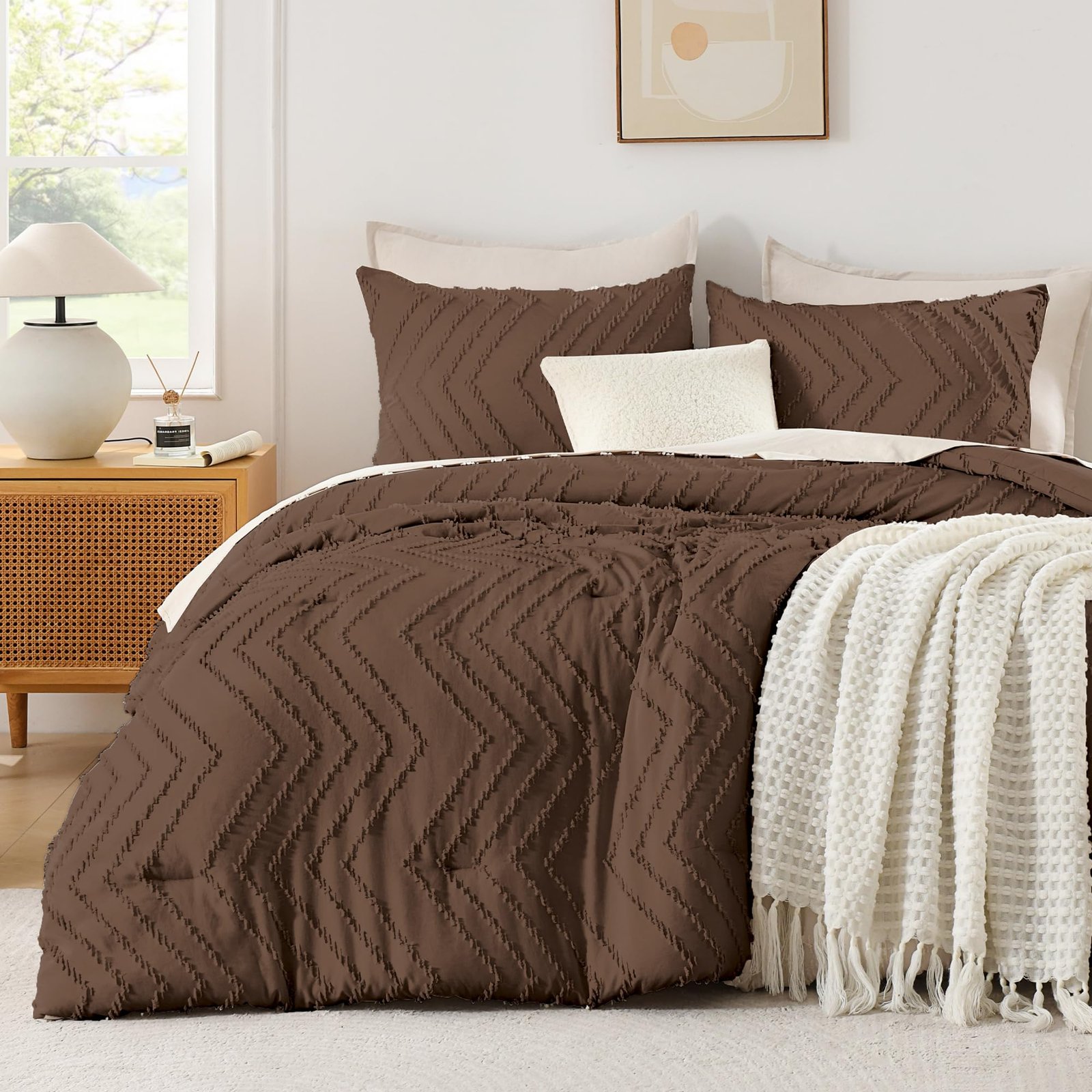 TODD GRIMES King Size Comforter Set Beige, Boho Cream Soft Warm Tufted Neutral Bedding Comforter Sets for King Size Bed, 3 Pieces Aesthetic Chevron Farmhouse Cute Bohemian Textured Bedding Set - Image 19