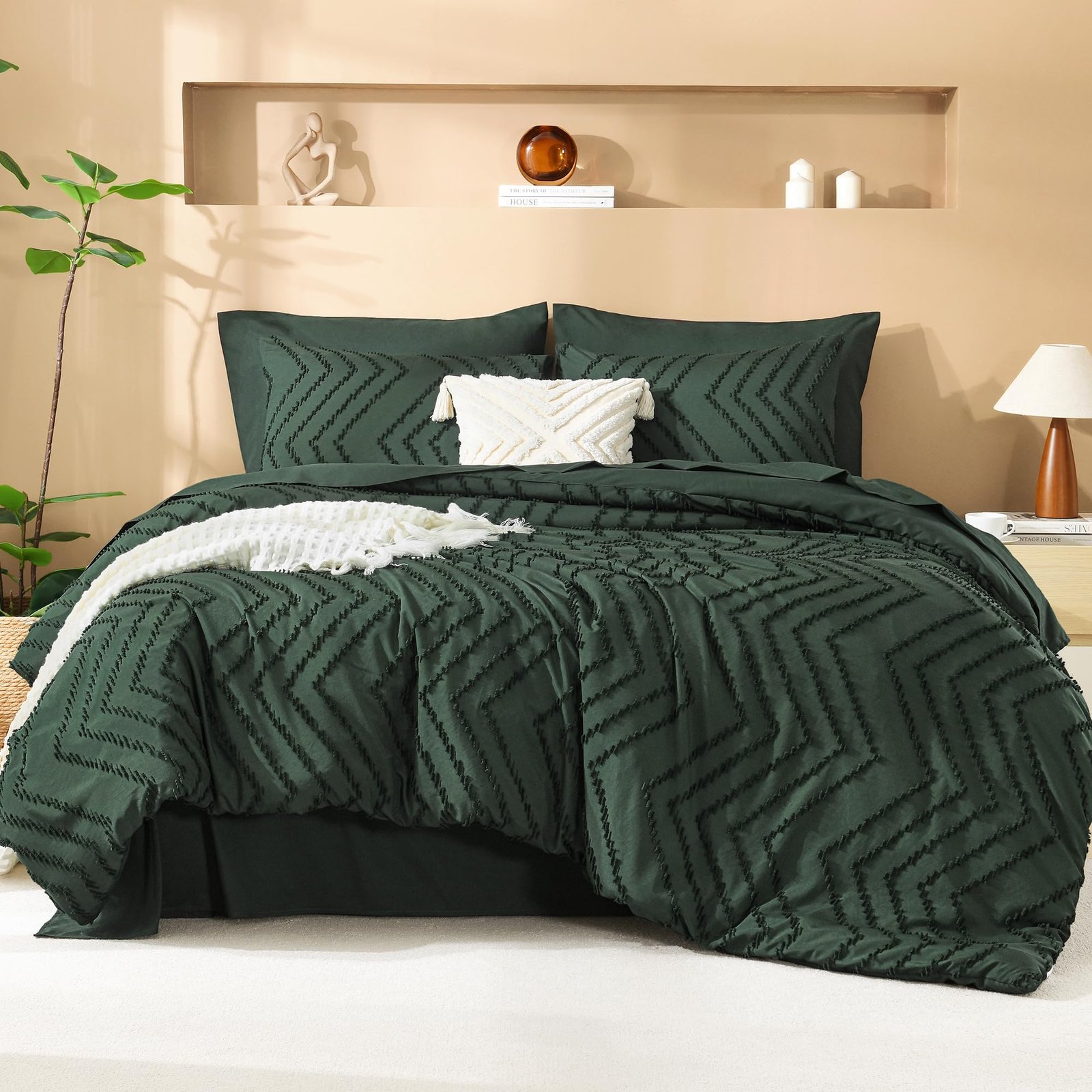 TODD GRIMES King Size Comforter Set with Sheets Beige - 7 Pieces Bed in a Bag King Chevron Tufted Boho Luxury Bedding Sets with Comforter, Sheets, Pillowcases & Shams - Image 75