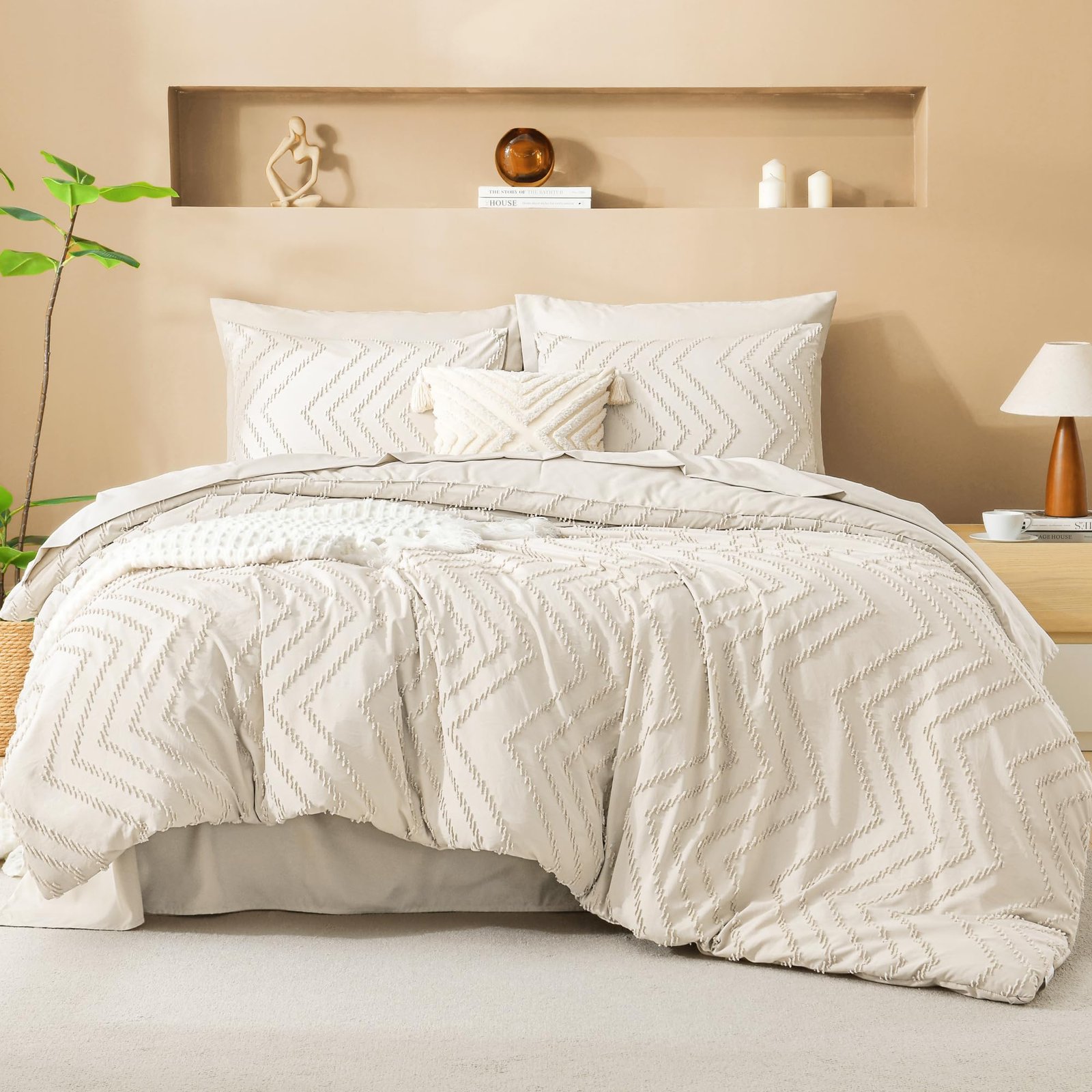 TODD GRIMES King Size Comforter Set with Sheets Beige - 7 Pieces Bed in a Bag King Chevron Tufted Boho Luxury Bedding Sets with Comforter, Sheets, Pillowcases & Shams - Image 4