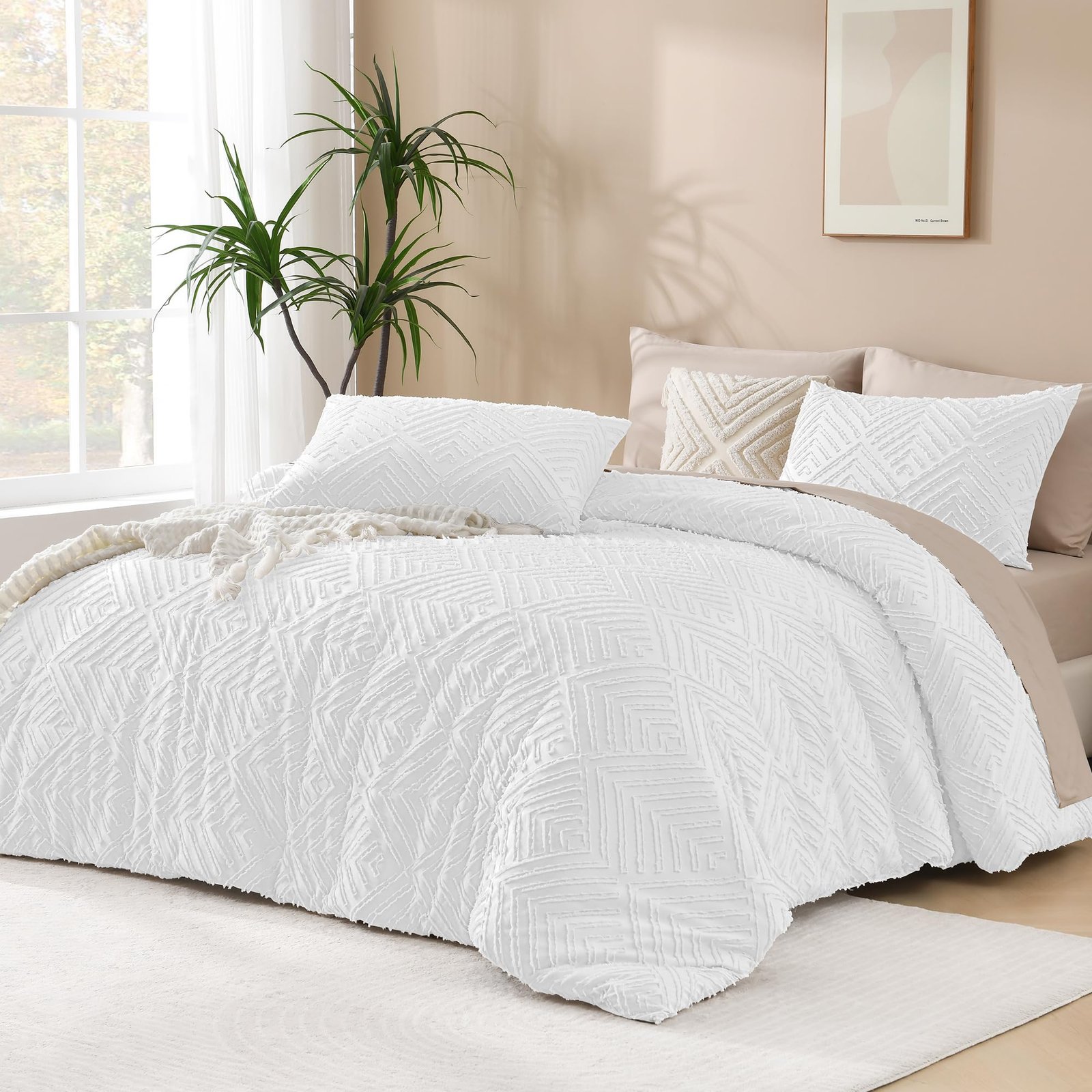 TODD GRIMES King Size Comforter Set Beige, 3 Pieces Boho King Bedding Comforter Set Cream, All Season Soft Lightweight Tufted Textured Down Alternative Comforter Fluffy Bed Set - Image 8