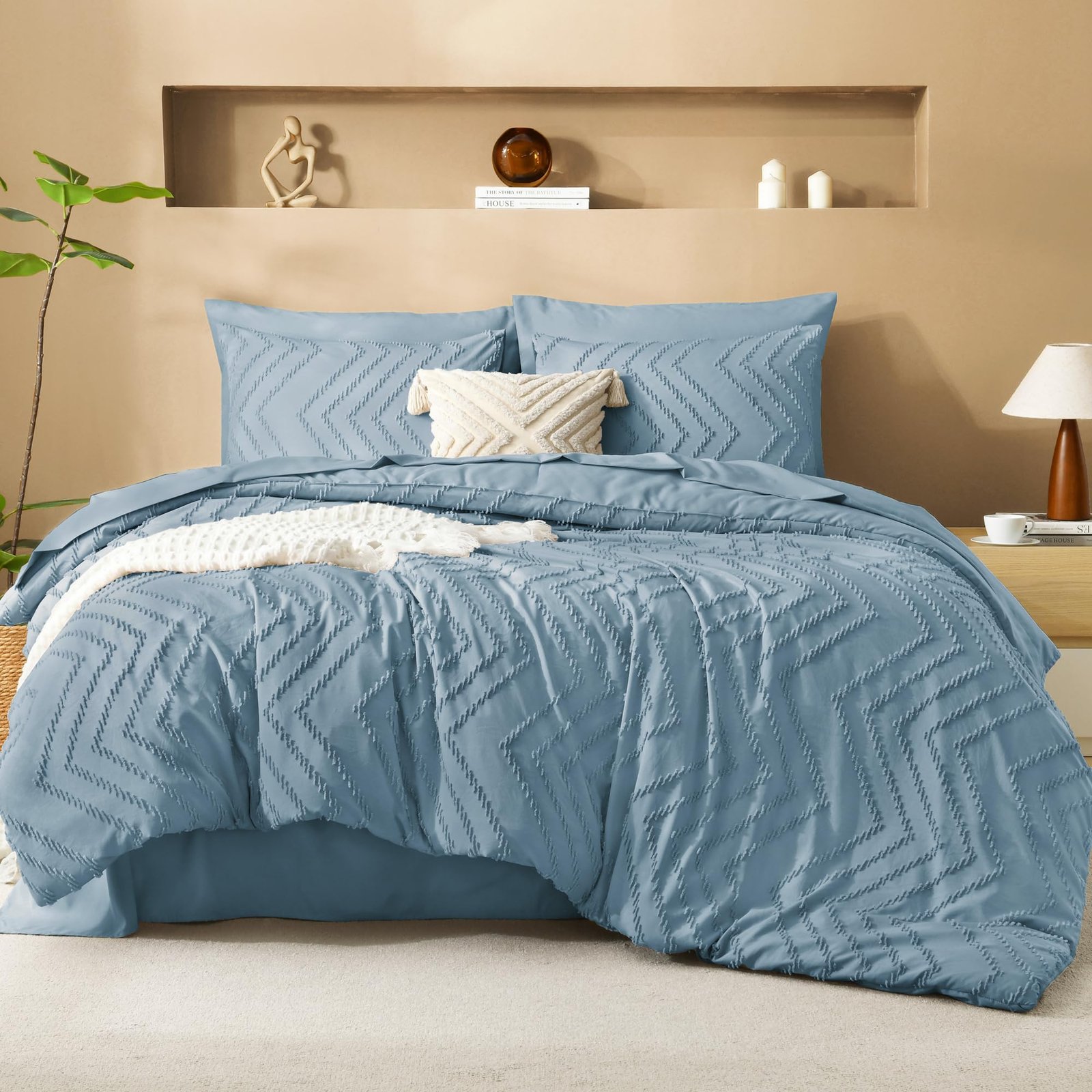 TODD GRIMES King Size Comforter Set with Sheets Beige - 7 Pieces Bed in a Bag King Chevron Tufted Boho Luxury Bedding Sets with Comforter, Sheets, Pillowcases & Shams - Image 16