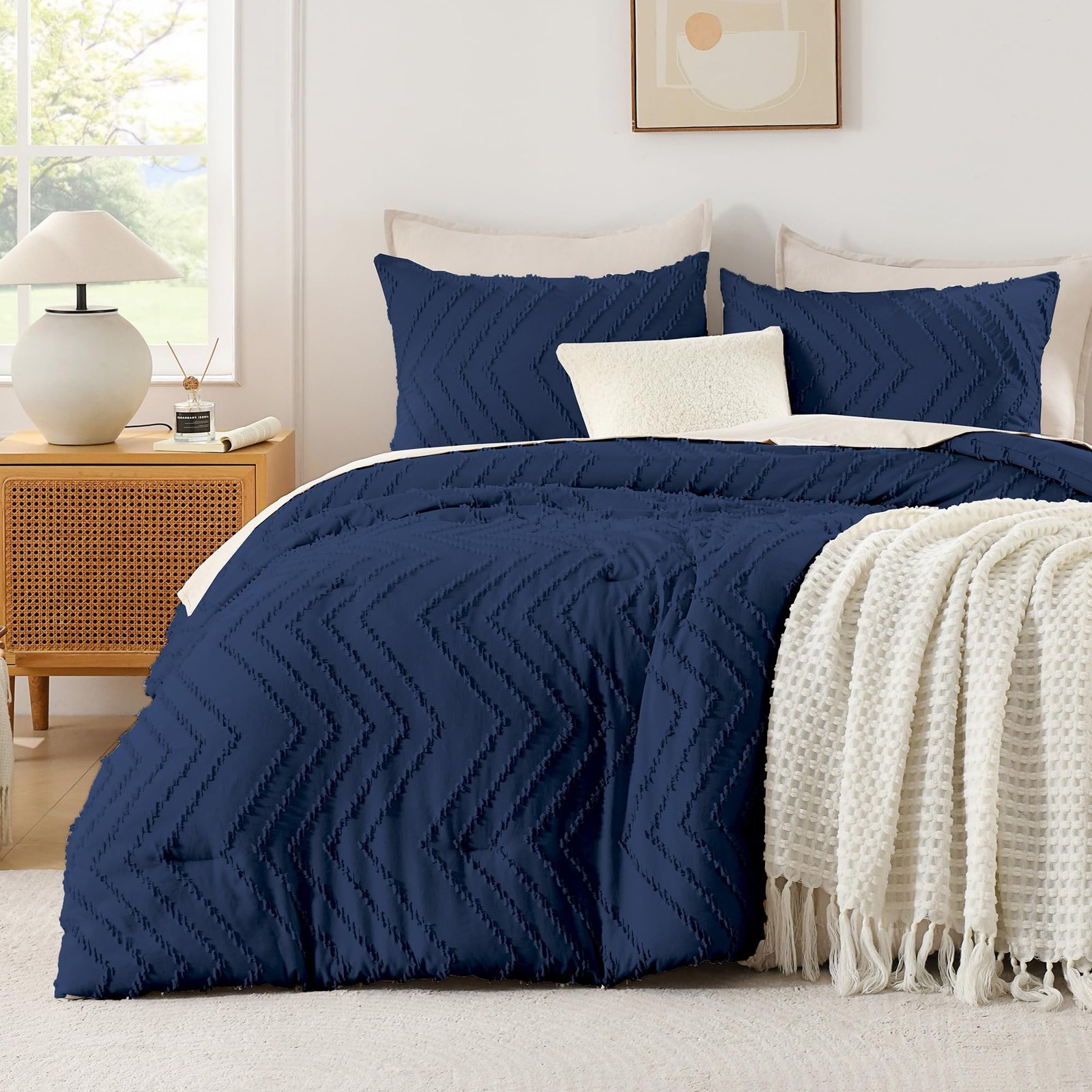 TODD GRIMES King Size Comforter Set Beige, Boho Cream Soft Warm Tufted Neutral Bedding Comforter Sets for King Size Bed, 3 Pieces Aesthetic Chevron Farmhouse Cute Bohemian Textured Bedding Set - Image 10