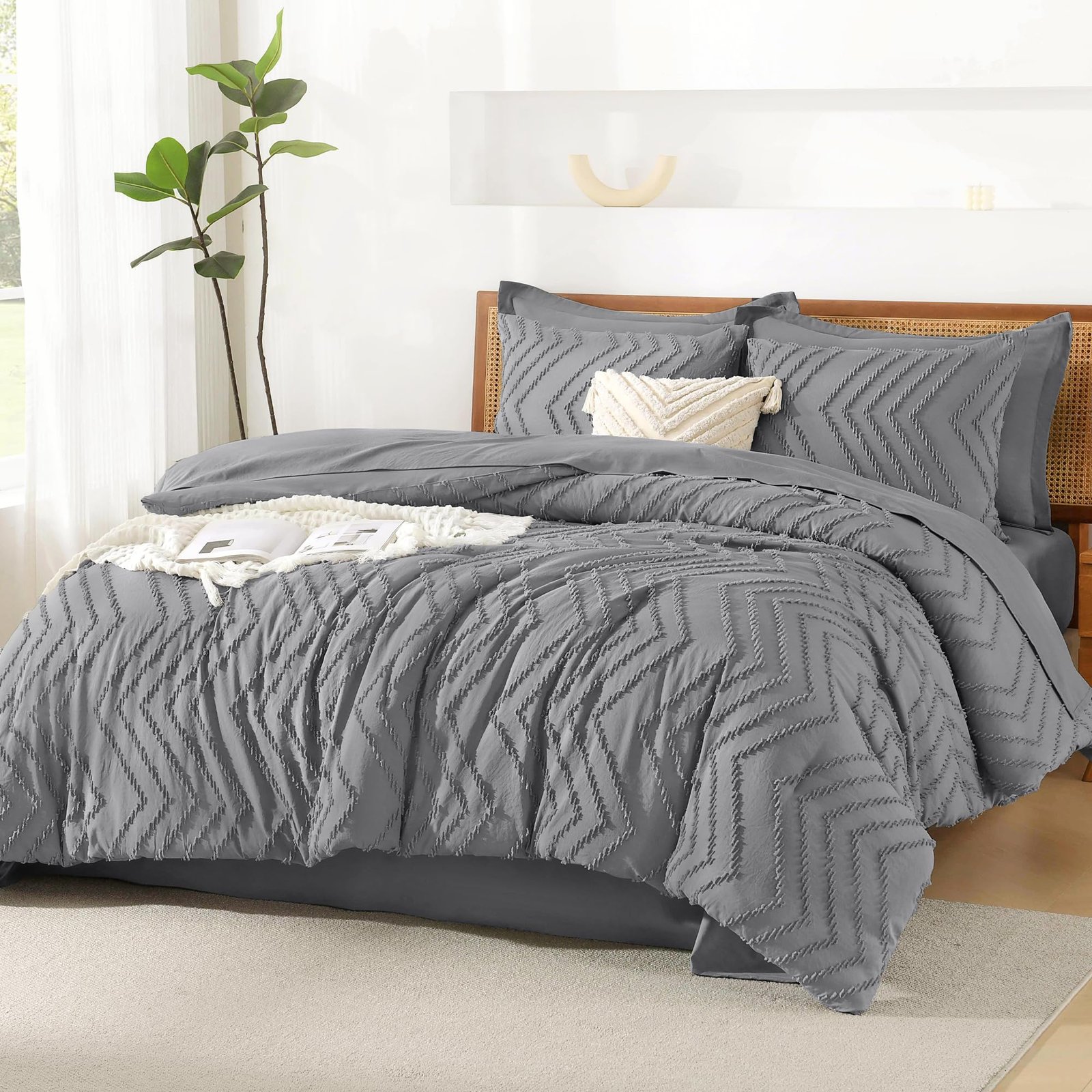 TODD GRIMES King Size Comforter Set with Sheets Beige - 7 Pieces Bed in a Bag King Chevron Tufted Boho Luxury Bedding Sets with Comforter, Sheets, Pillowcases & Shams - Image 65