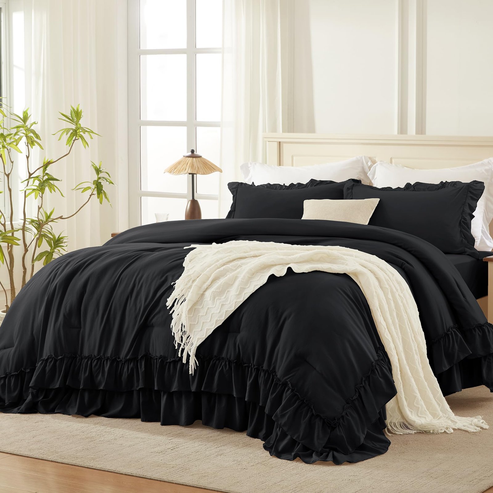 TODD GRIMES White Comforter Set Queen Size, Lightweight Fluffy Farmhouse White Ruffle Bedding Set, Soft Microfiber All Season Shabby Chic Bed Comforter Set 3 Pieces(1 Ruffle Comforter 2 Pillowcases) - Image 9
