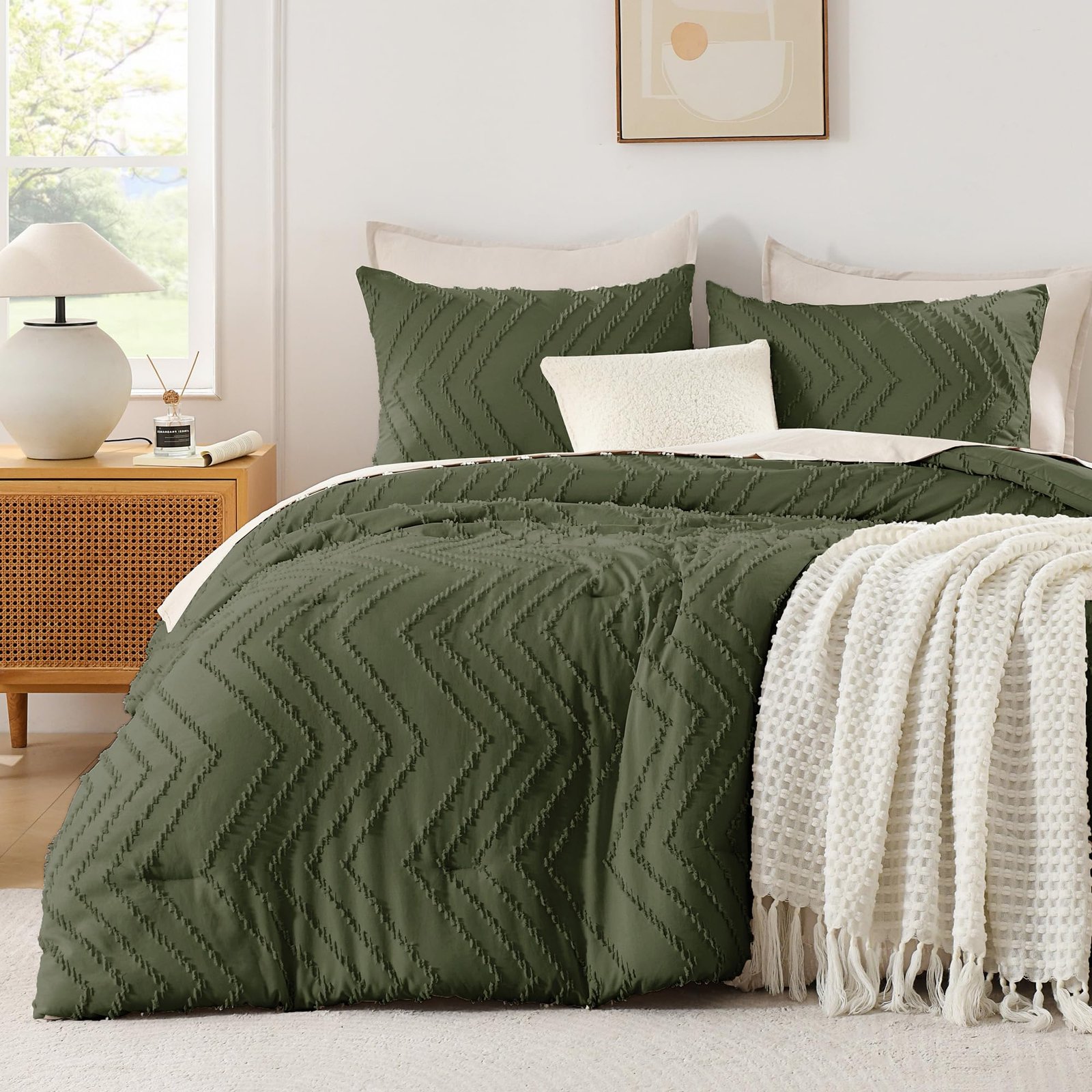 TODD GRIMES King Size Comforter Set Beige, Boho Cream Soft Warm Tufted Neutral Bedding Comforter Sets for King Size Bed, 3 Pieces Aesthetic Chevron Farmhouse Cute Bohemian Textured Bedding Set - Image 5