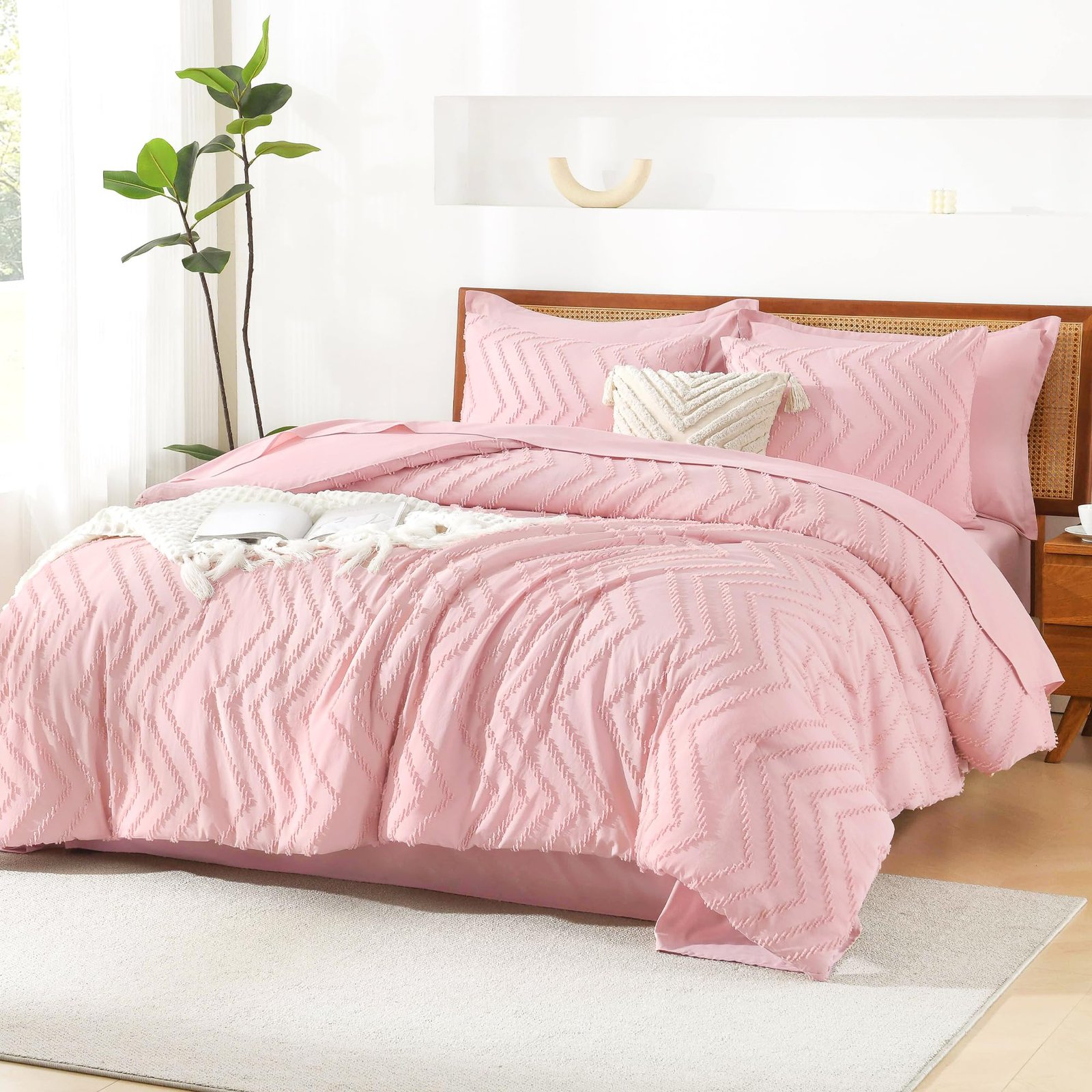 TODD GRIMES King Size Comforter Set with Sheets Beige - 7 Pieces Bed in a Bag King Chevron Tufted Boho Luxury Bedding Sets with Comforter, Sheets, Pillowcases & Shams - Image 99