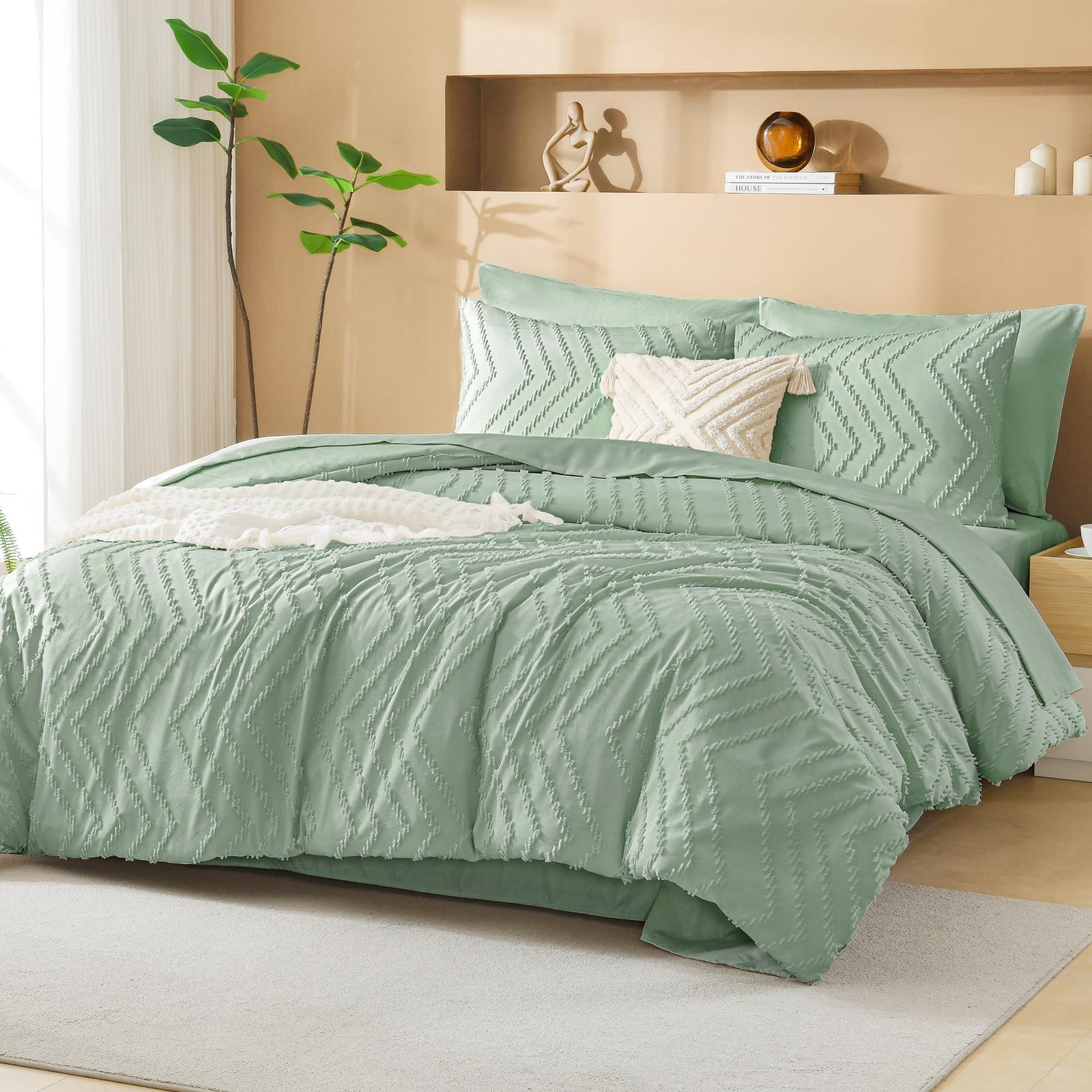 TODD GRIMES King Size Comforter Set with Sheets Beige - 7 Pieces Bed in a Bag King Chevron Tufted Boho Luxury Bedding Sets with Comforter, Sheets, Pillowcases & Shams - Image 81