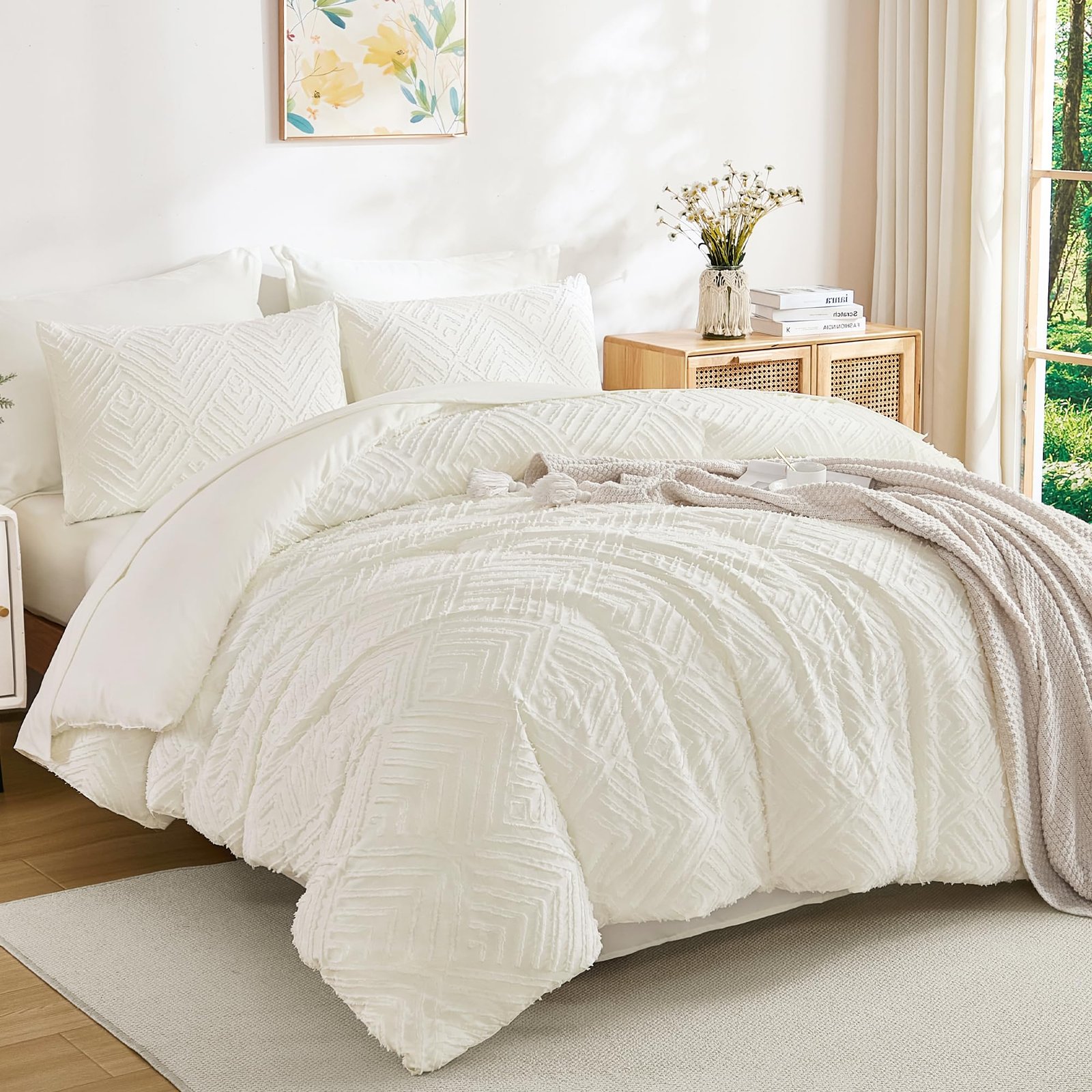 TODD GRIMES King Size Comforter Set 7 Pieces Dark Emerald Green - Bed in a Bag King Boho Lightweight Fluffy Tufted Bedding Sets with Quilt Comforter, Sheets, Pillowcases & Shams - Image 7
