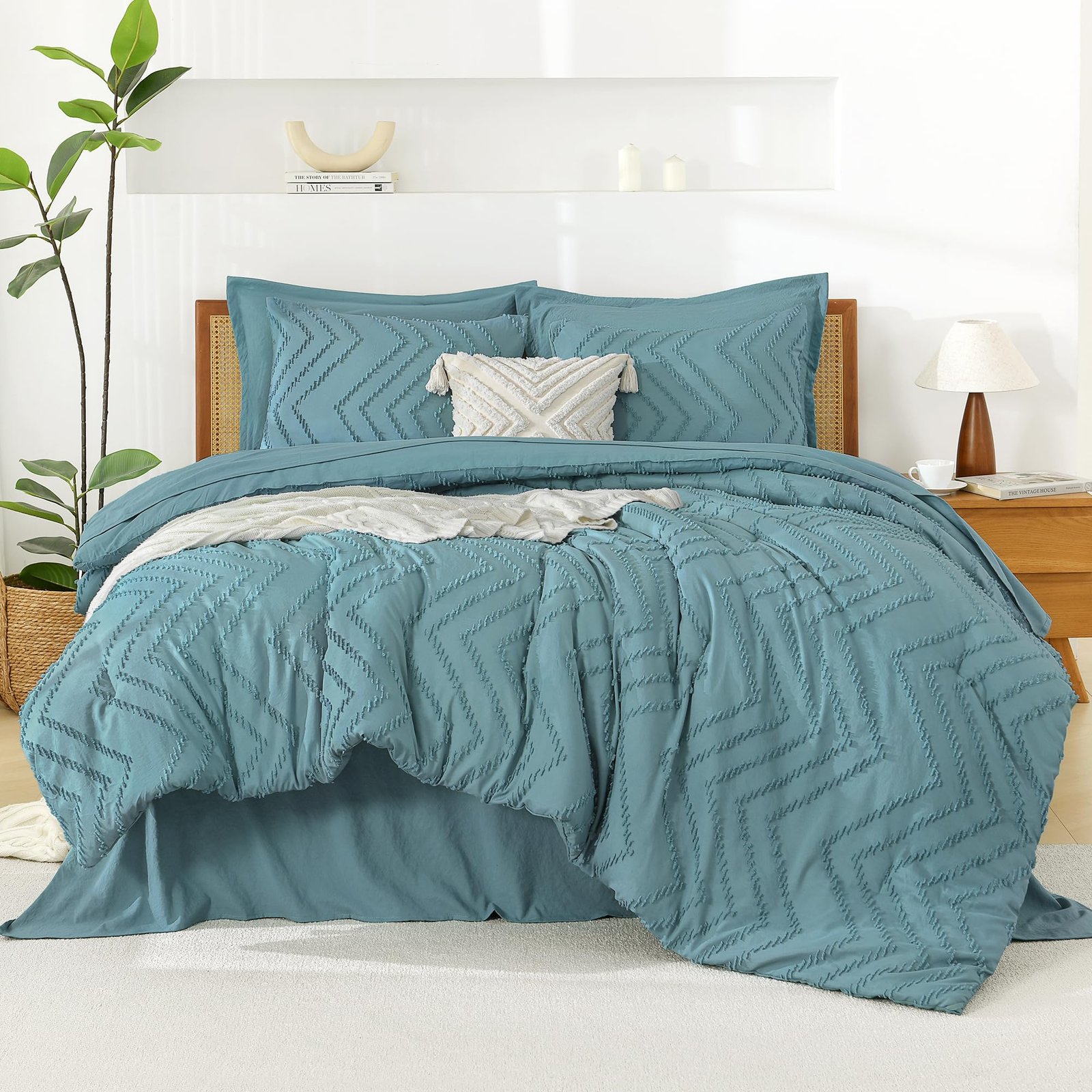 TODD GRIMES King Size Comforter Set with Sheets Beige - 7 Pieces Bed in a Bag King Chevron Tufted Boho Luxury Bedding Sets with Comforter, Sheets, Pillowcases & Shams - Image 15